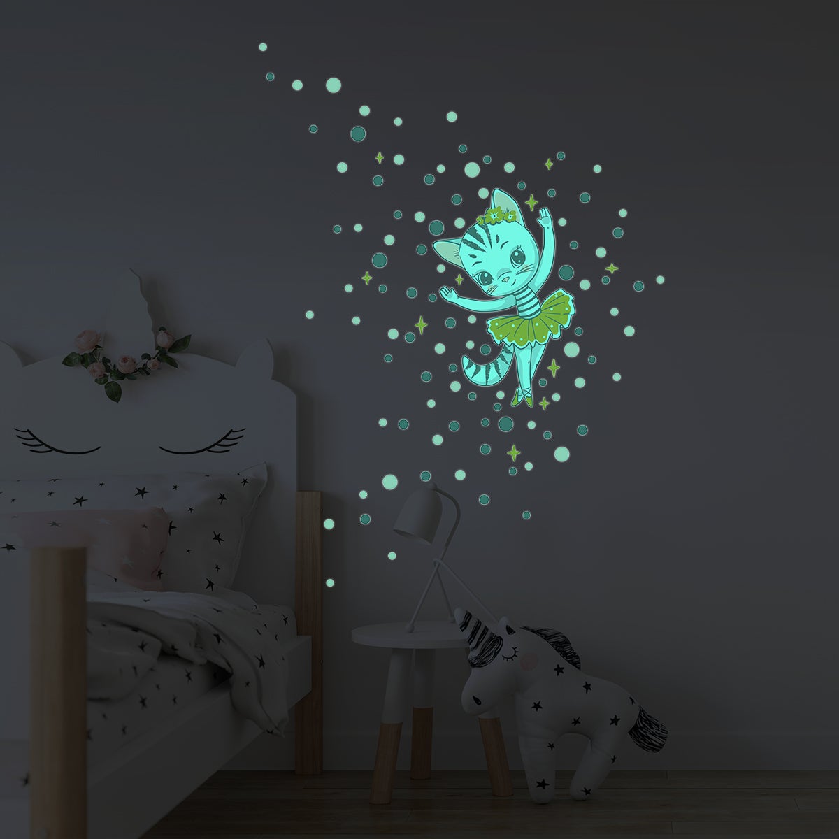 Adesivos fosforescente gatto ballerina + 100 cerchi colorati - Sticker adesivo - adesivi murali - 80x50cm - 5