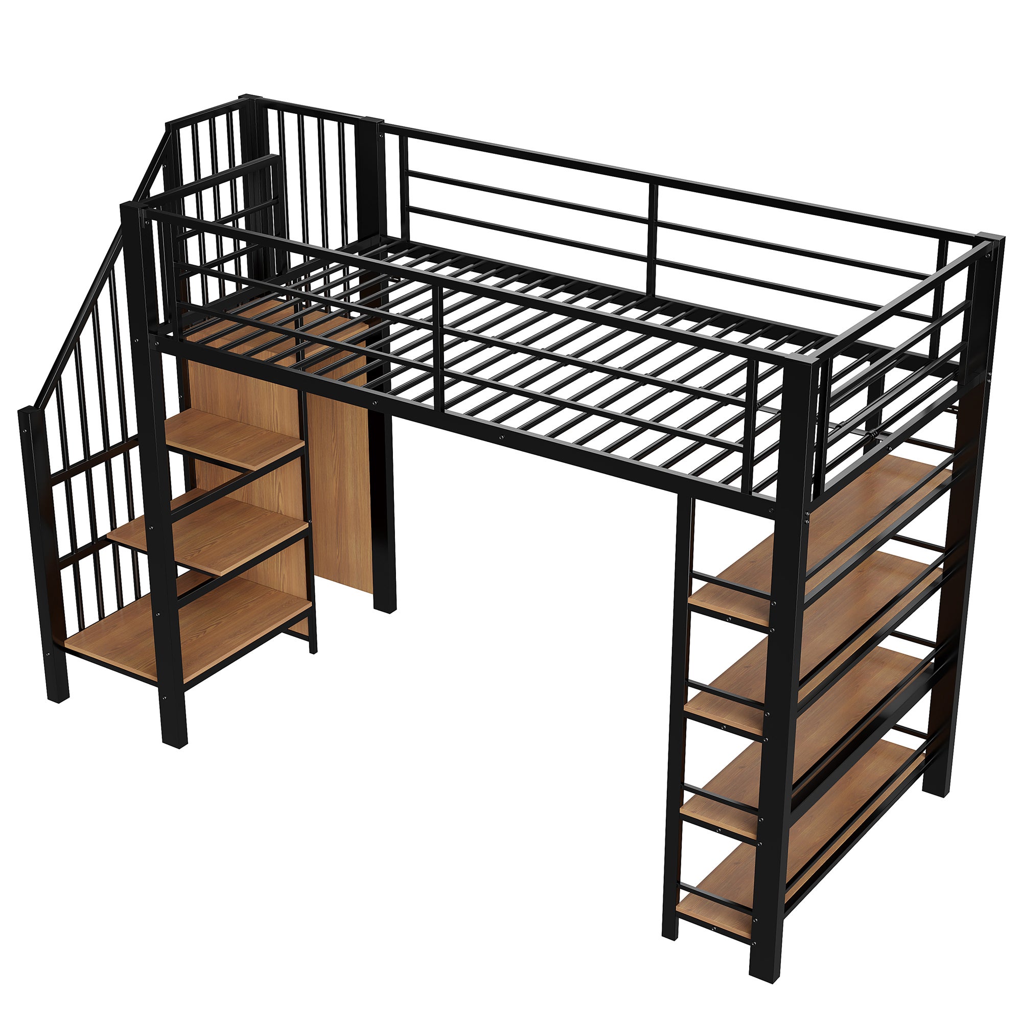 Lit mezzanine 90x200, avec escalier de sécurité, rangements, petite penderie et étagères, design haute clôture, lit adolescent, noir - 9
