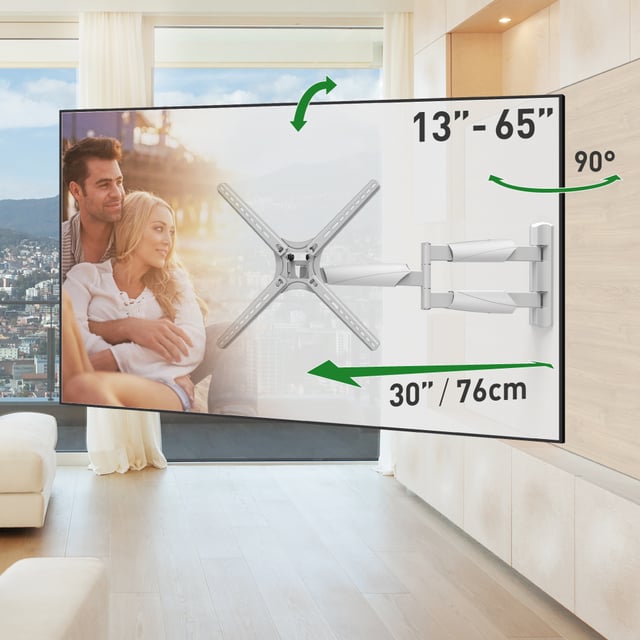 Barkan Longueur 76cm Blanc Support TV Mural pour écrans 13 - 65 Pouces, Inclinable et orientable, Mouvement Complet, Poids max. 36Kg, extra extensible