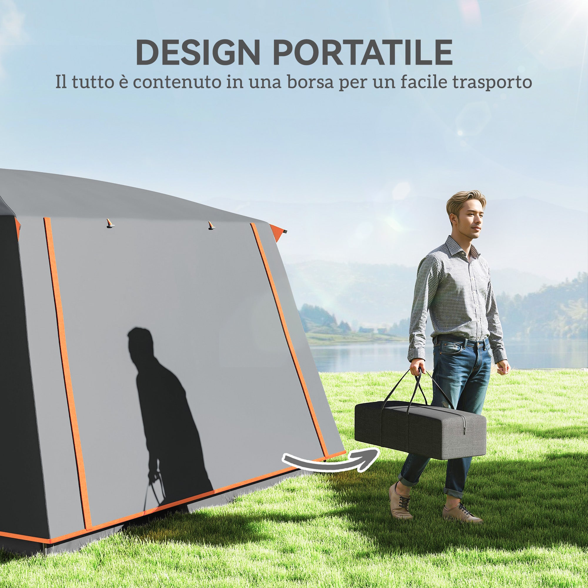 Tente camping 4-6 personnes, 2 chambres et véranda, imperméable UPF30+, sac de transport, gris - 9