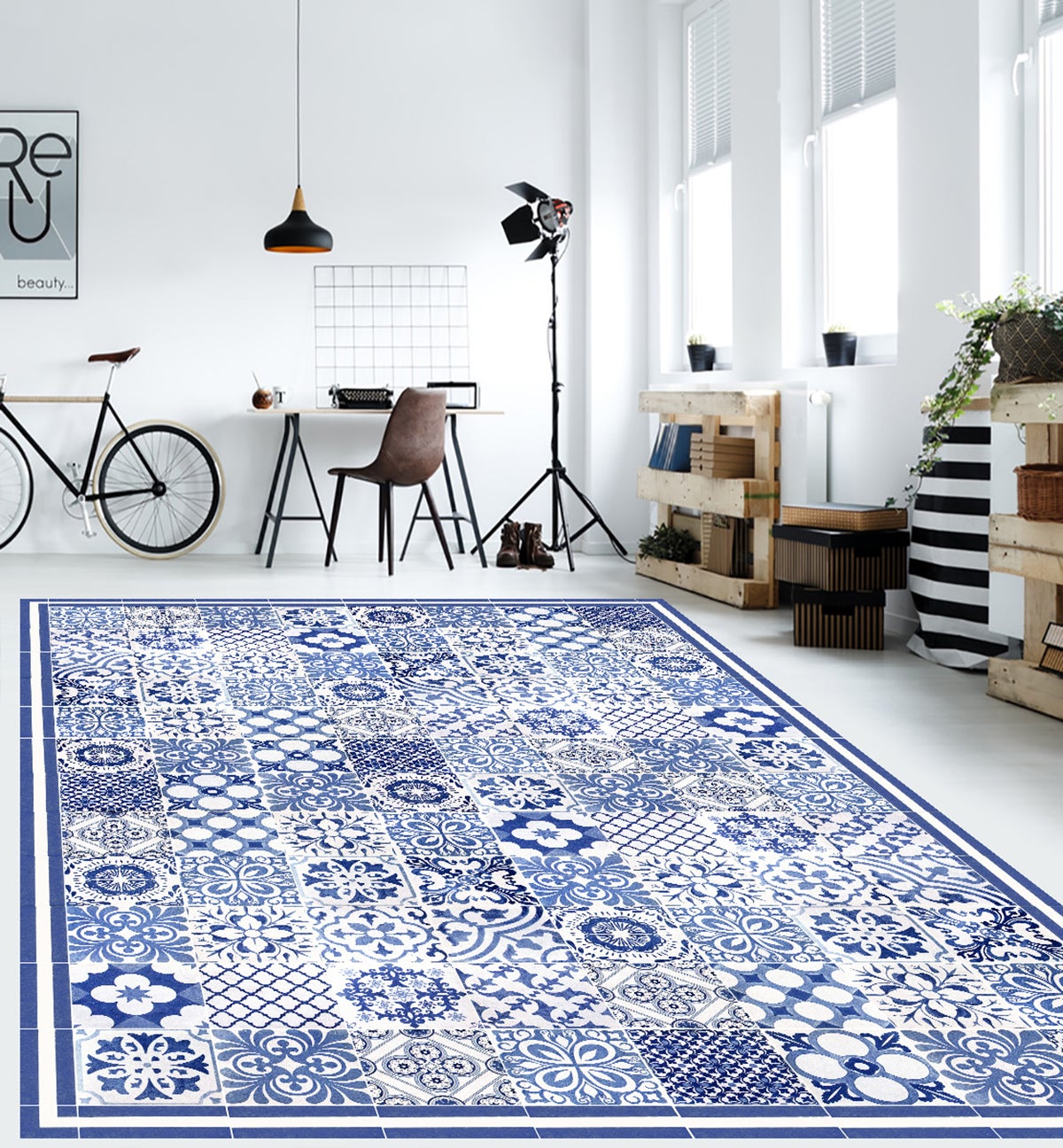 Tappeto antiscivolo in vinile Giulietta 200x266 cm - PVC stampato, lavabile, ignifugo, per il salotto o la cucina, stile idraulico, blu - 8