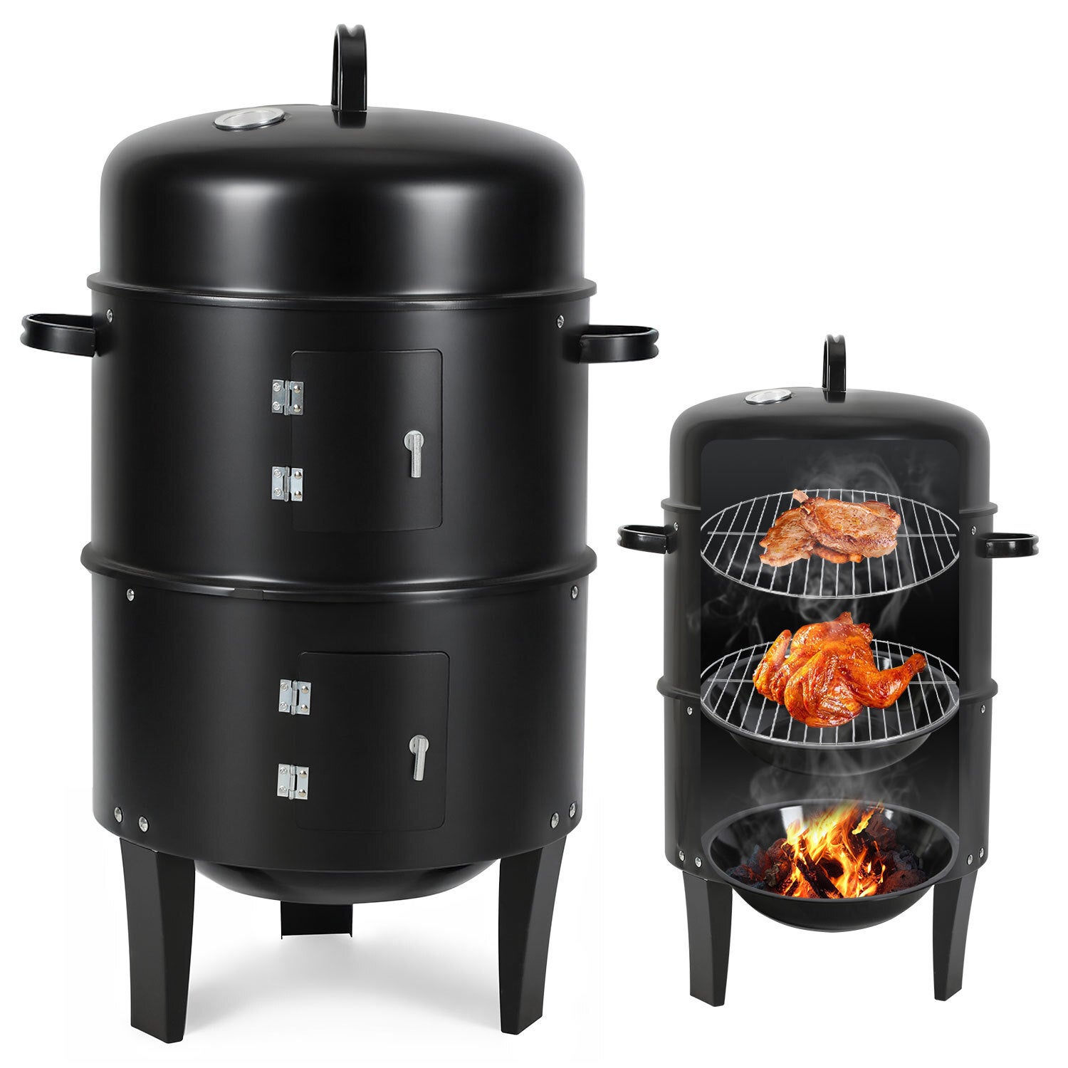 Wędzarnia 3 w 1 Smoker Grill na węgiel drzewny Grill na węgiel Stal 40 x 80 cm z termometrem Wędzenie na gorąco i na zimno