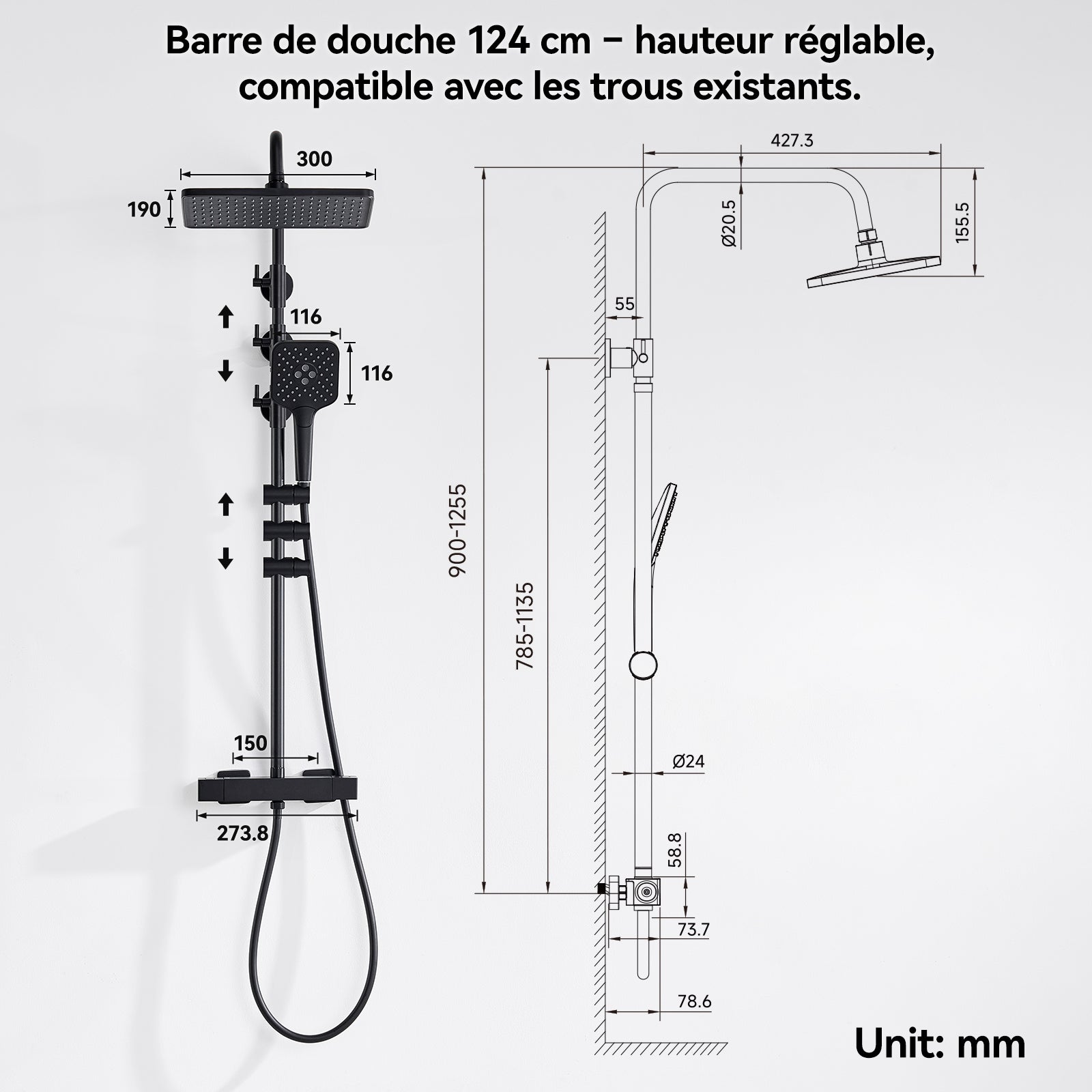 Auralum max Colonne de Douche,Système de douche thermostatique 38°C,avec Douchette à Main avec 3 Jets,30x19CM Pommeau de Douche,Noir - 6