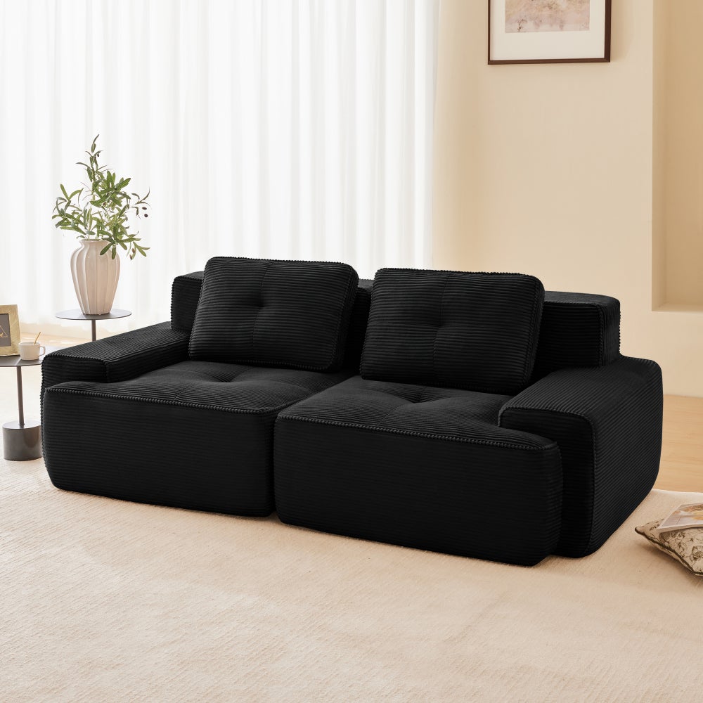 Sofa dwuosobowa, modułowa, sztruksowa, niskie siedzisko, funkcja spania, czarna