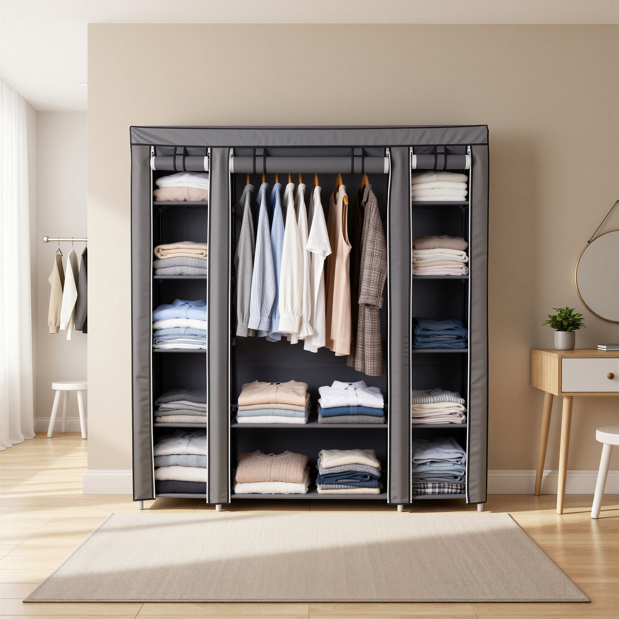 Penderie en tissu avec housse, armoire de rangement modulable, 12 compartiments, cadre métal, chambre, gris - 2