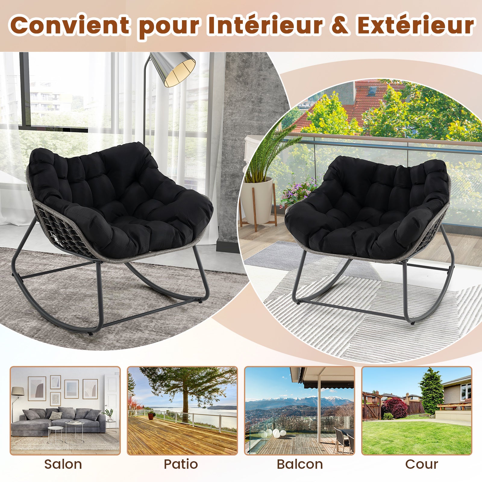 Fauteuil à Bascule d'Extérieur, Fauteuil Œuf Surdimensionné en Osier PE avec Coussin Épais Amovible, 98 x 98 x 87 cm, Charge 150 kg, Noir - 7
