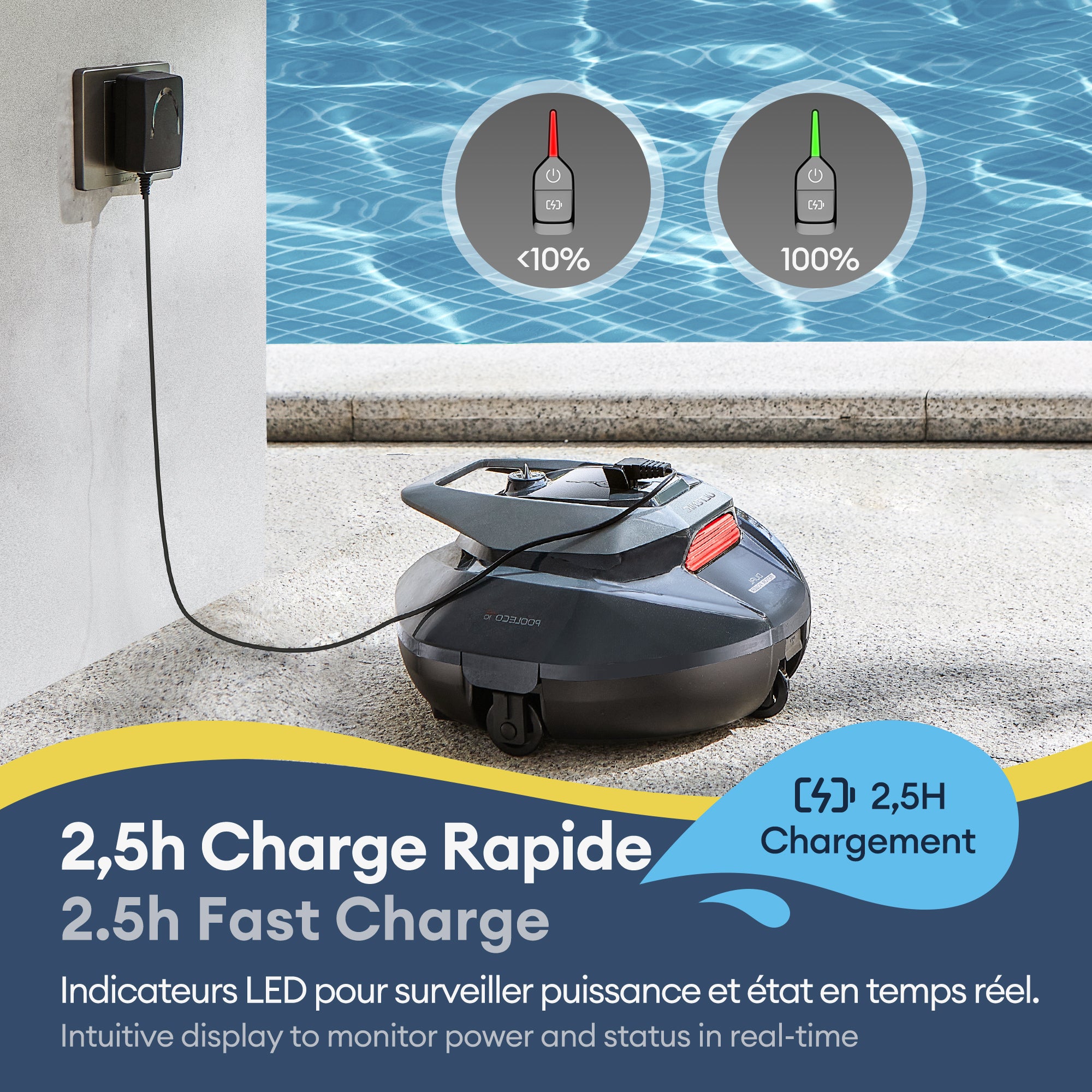 Robô de piscina sem fios Pooleco 10, ABS, Auto-Parking, 2,5 L, ideal para piscinas acima do solo com 80 m² , Dois motores - 9