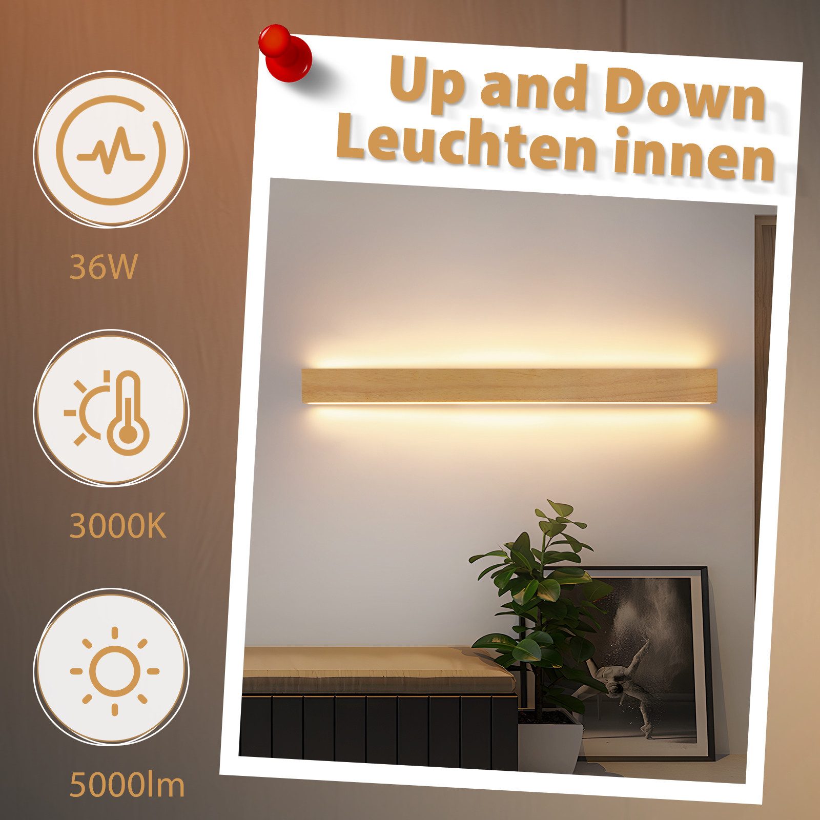 Applique da parete a LED NETTLIFE, lampada da parete per interni in legno - 100 cm, 36 W, luce indiretta moderna su e giù, luce bianca calda 3000 K. - 3