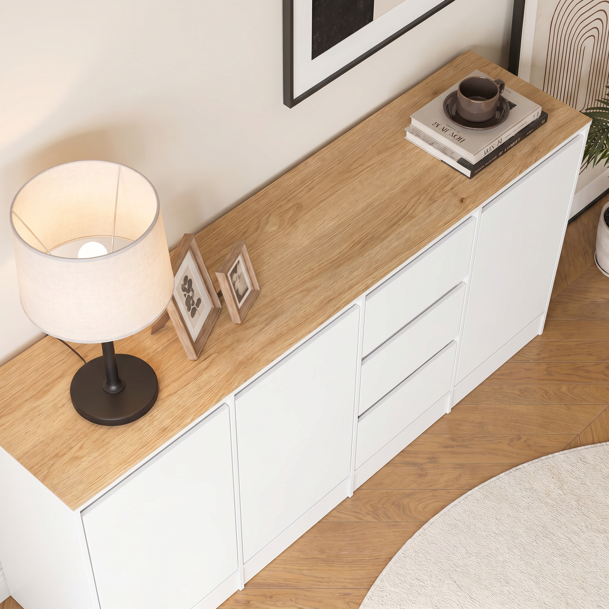 Buffet Bas avec 3 Portes et 3 Tiroirs pour Salon, Meuble de Rangement avec Plateau avec Aspect du bois, 180 x 35 x 80 cm, Blanc Mat - 5