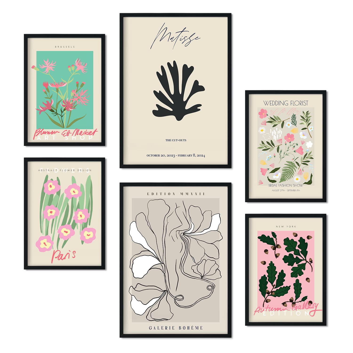 Set de 6 pósteres de exposicion. coleccion de láminas con estetica collage para la tamanos a3 y a4 sin marco