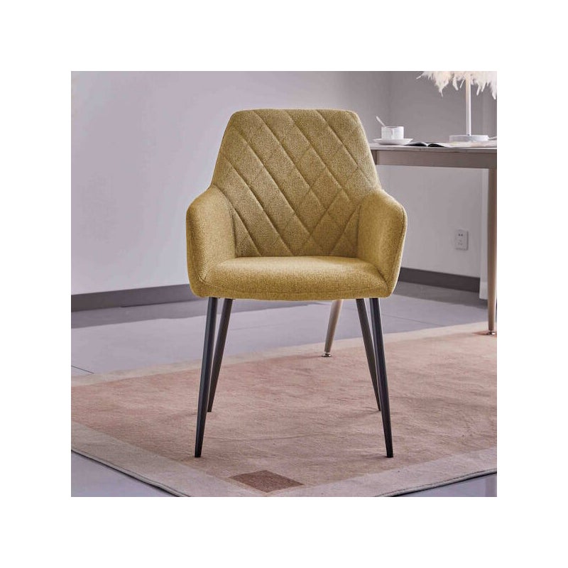 Zestaw 2 krzeseł tapicerowanych musztardową tkaniną, drewniana konstrukcja, czarne nogi