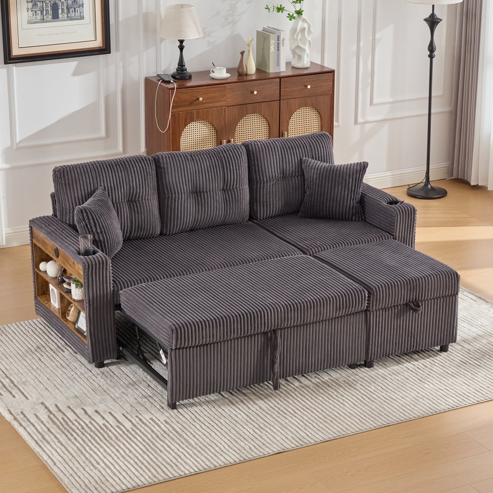 Sofa rozkładana, wielofunkcyjna, sztruksowa, z miejscem do przechowywania, USB-C, LED, uchwytami na kubki