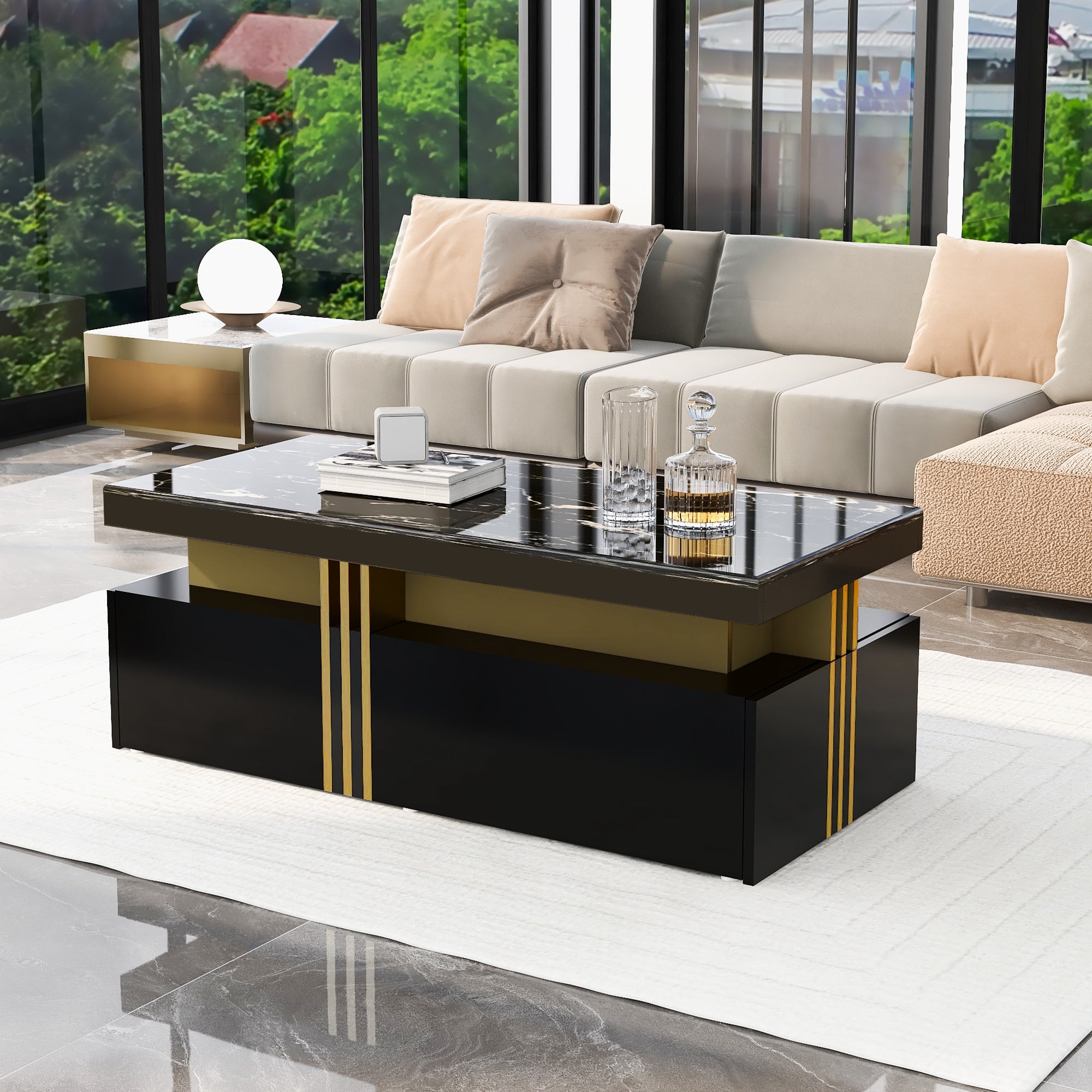 Table basse rectangulaire moderne avec plateau brillant avec 2 tiroirs en bois, plateau marbré, pour salon, 100x50x40 cm, noir - 10