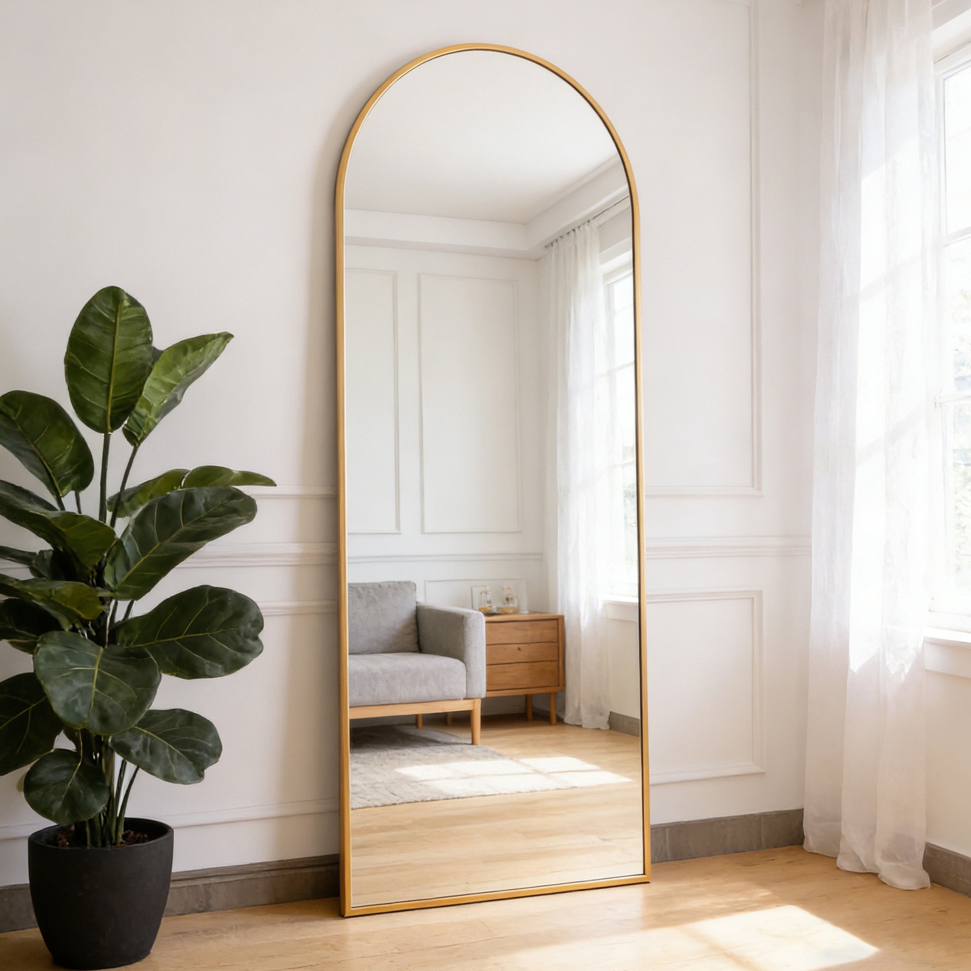 Grand miroir arche - COZY - Miroir sur pied et mural - verre trempé anti-explosion - 60x165 cm - alliage d'aluminium - rétro - doré - 3