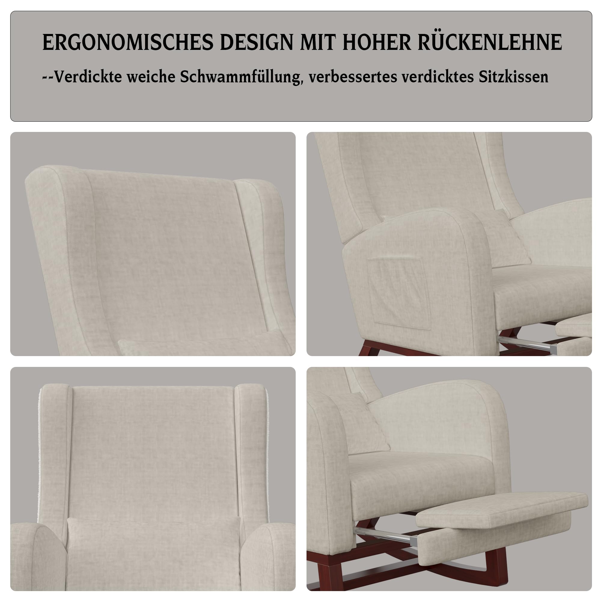 Fauteuil à Bascule Beige, Rocking Chair, Chaise Allaitement, Fauteuil d'allaitement avec Repose-Pieds Coussin Lombaire Pieds en Bois Massif et 2 Poche - 3