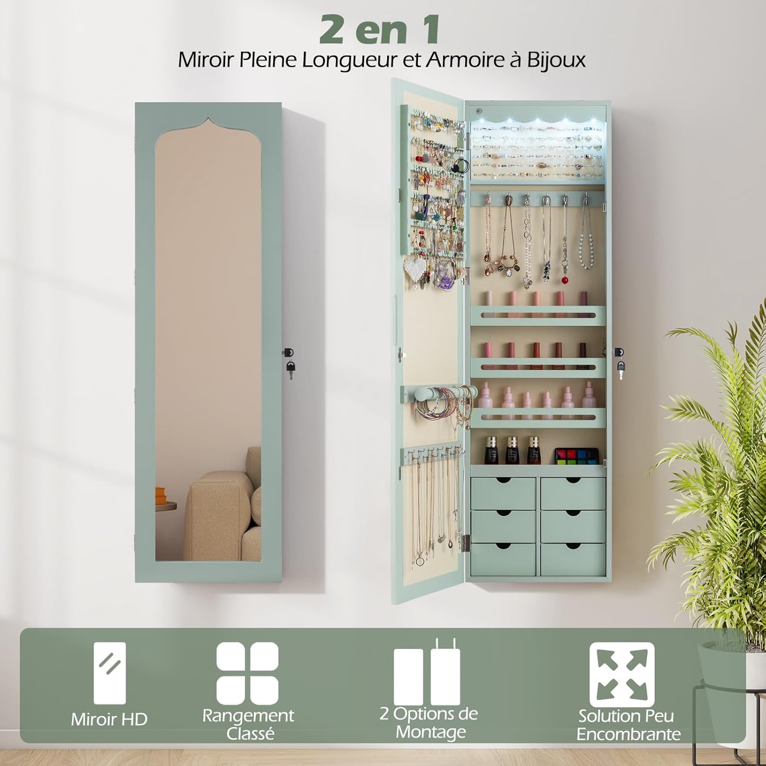 Armoire à Bijoux Mural avec Miroir et Lumière LED, Armoire de Rangement Mural, Accrochée à la Porte avec Serrure (Vert,Tiroir Nomal) - 4
