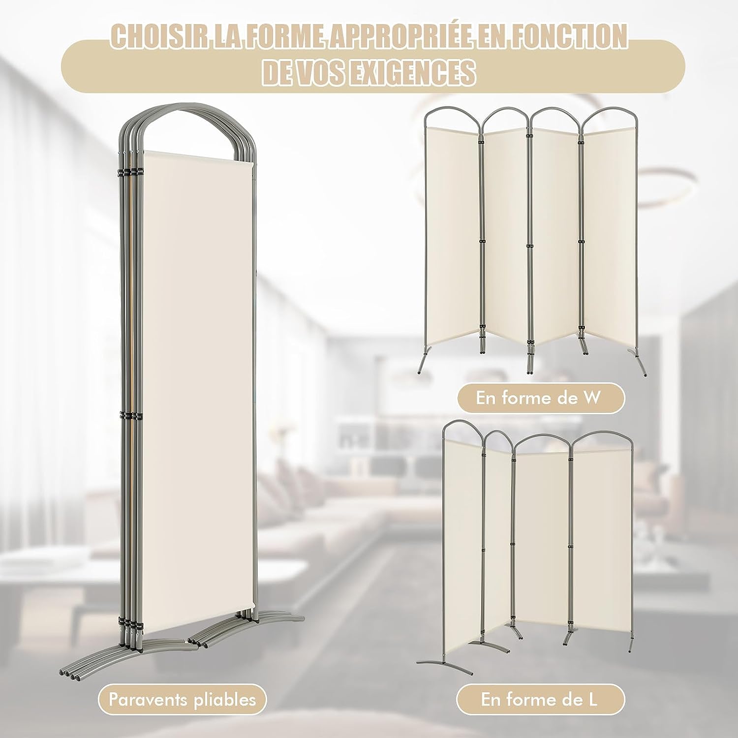 Duży parawan składany z 4 panelami, składana przegroda o wysokości 188 cm, biały - 5