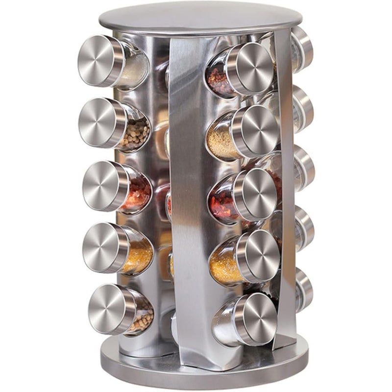 Obrotowy stojak na przyprawy ze stali nierdzewnej na 20 pustych słoików z przyprawami, z etykietami, do blatu kuchennego (20 puszek)