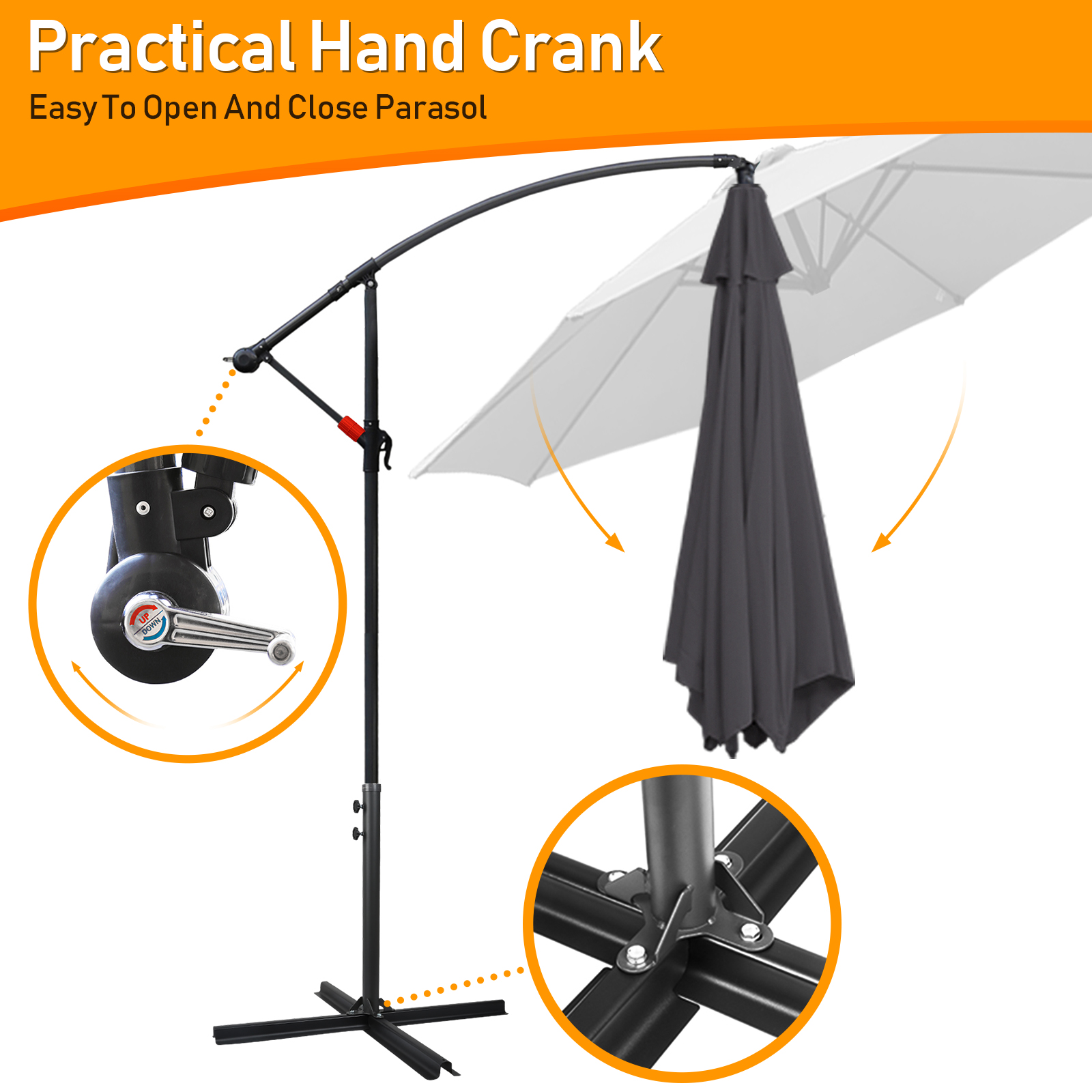 Parapluie 3m Parasol alu pivotant Parasol jardin terrasse balcon gris - 5