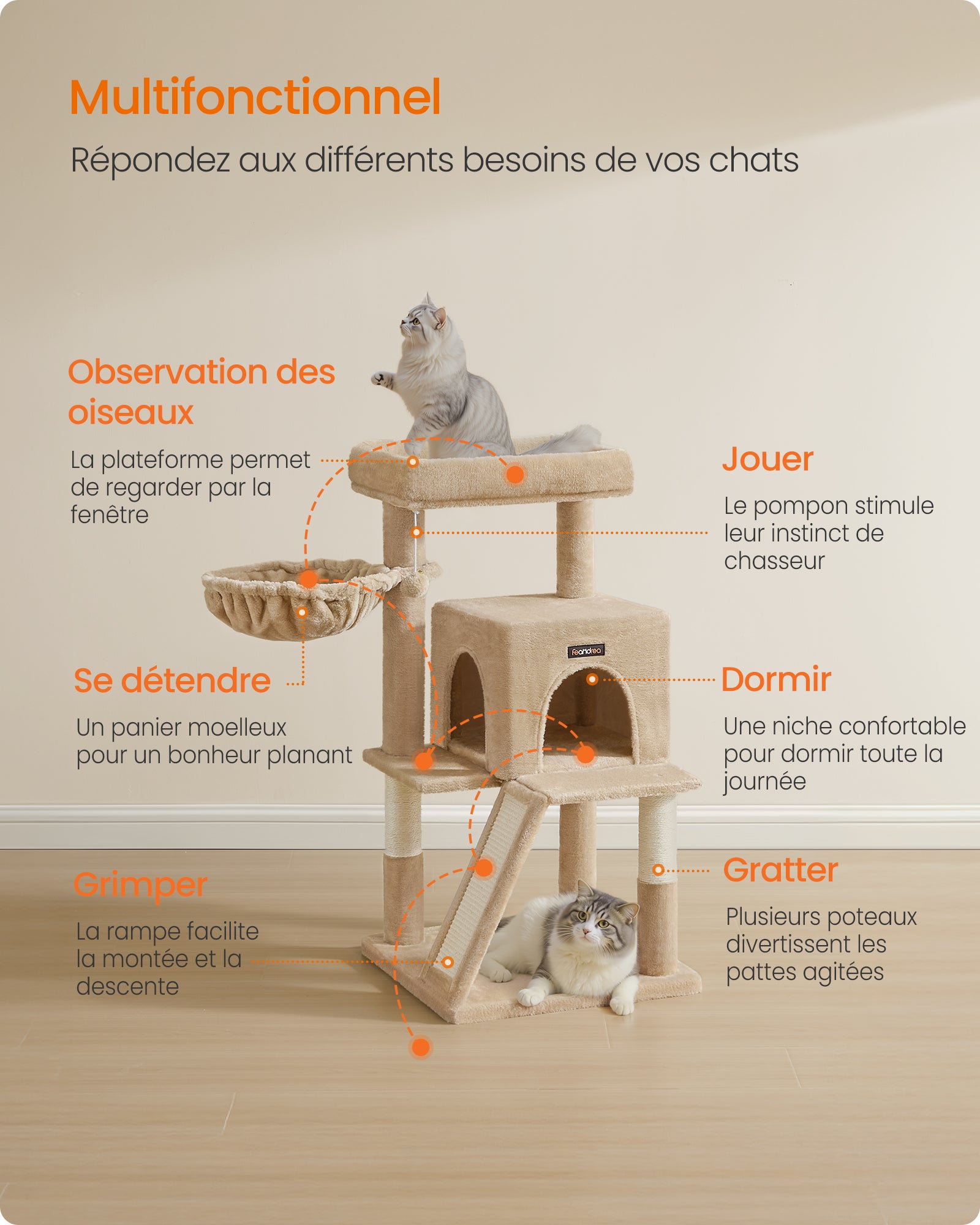 Arbre à Chat, Tour de Jeux, Grand Plate-Forme, Marron Camel - 3