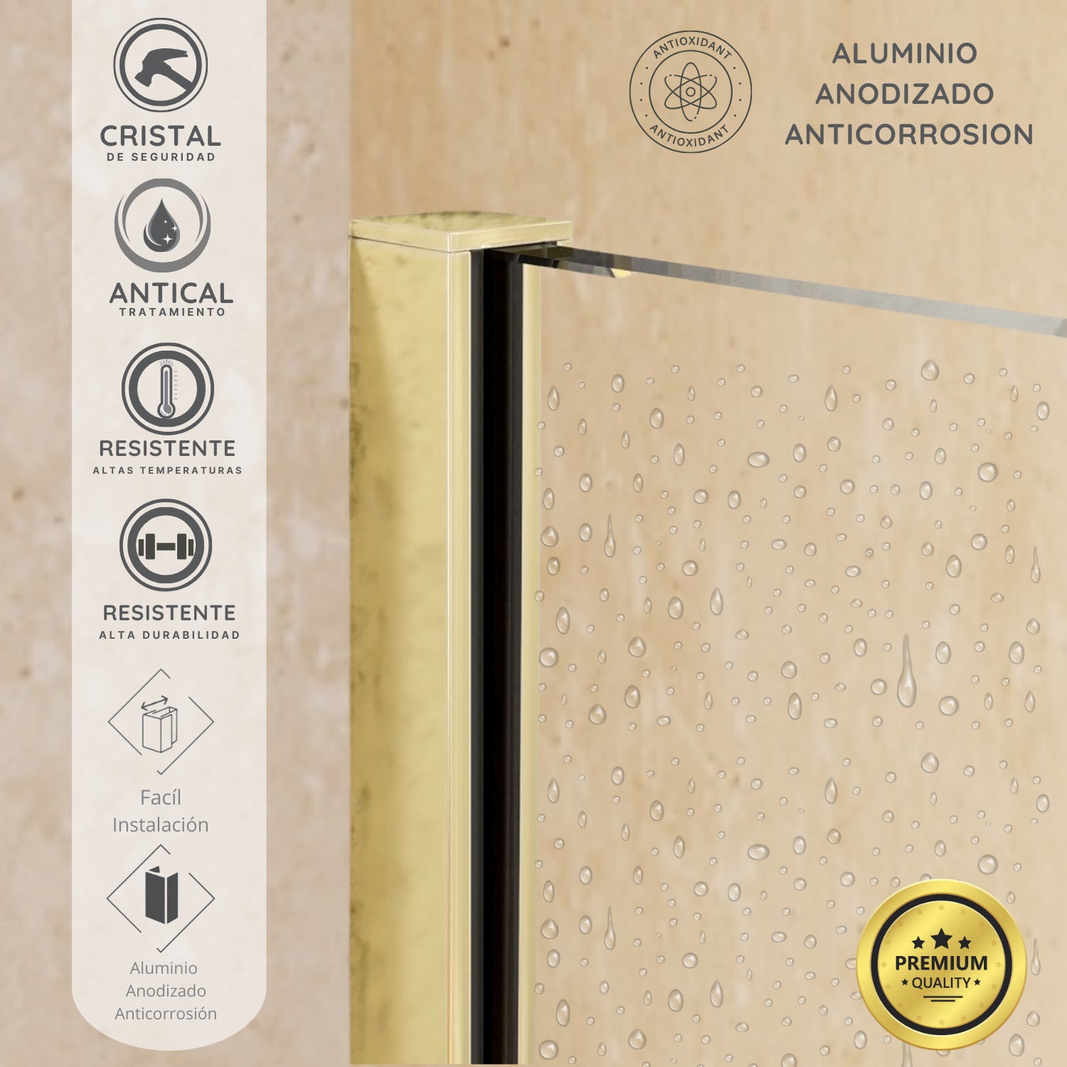 SOULHOME Painel de duche folha fixa, fácil instalação Vidro de segurança anti-calcário de 8 mm, 120 cm de largura x 200 cm de altura, perfil Dourado - 3