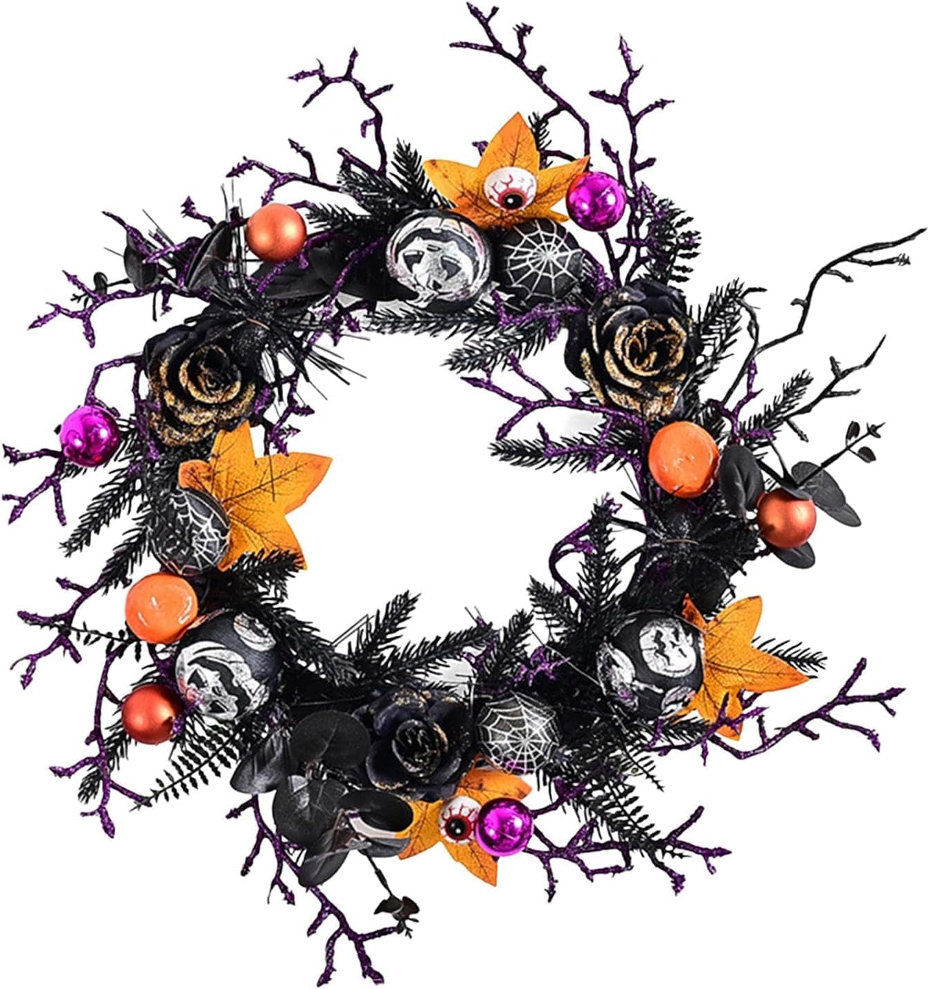 Dekoracyjny wieniec na Halloween, dekoracyjna zawieszka na drzwi, wieniec z winorośli, 45 cm, na imprezy grozy, nawiedzone domy (różowy liść klonu)