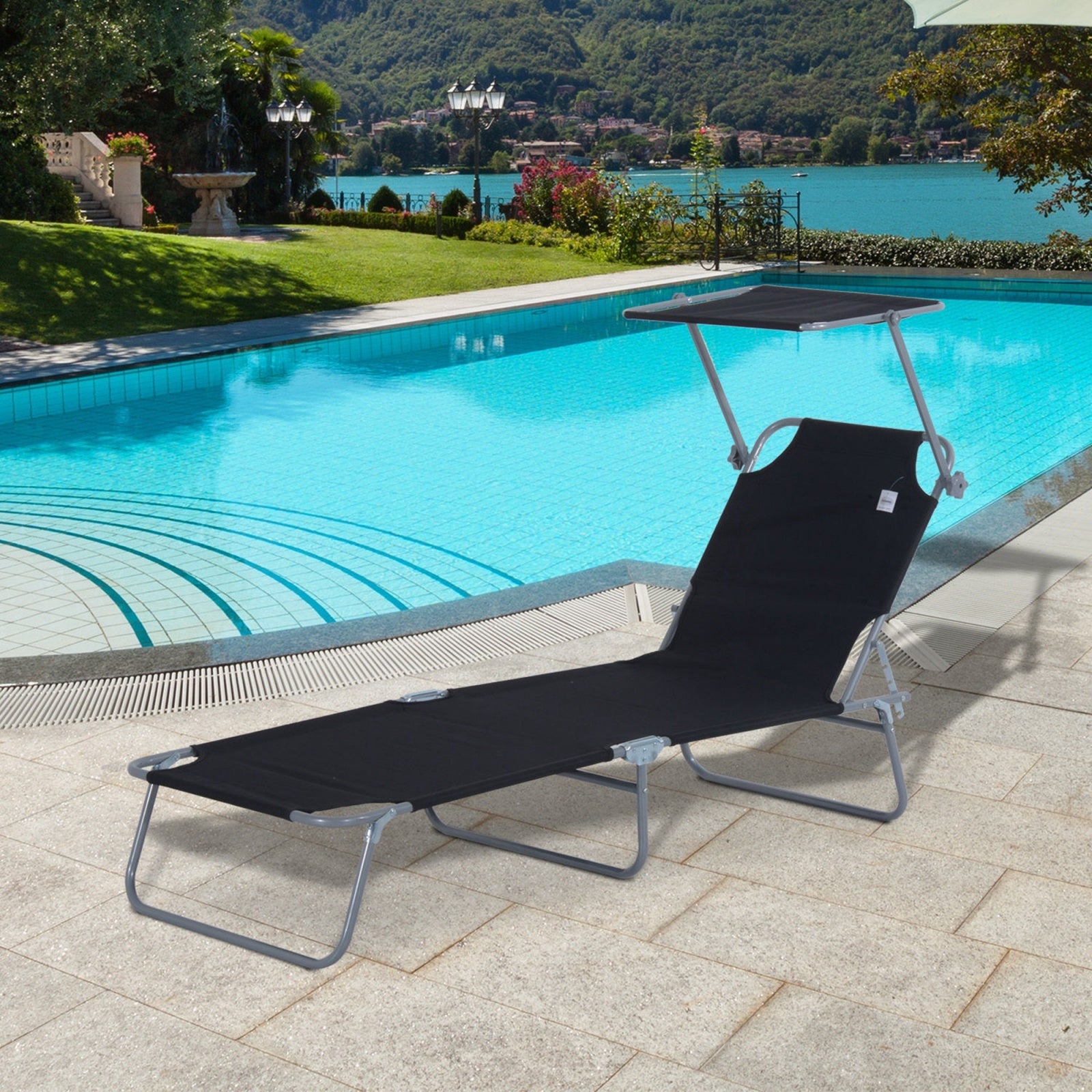 Transat de jardin pliable avec pare-soleil, idéal pour la terrasse et le balcon，dimensions 187x58x36 cm, couleur noir - 3