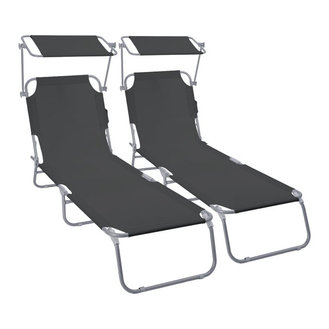 2x Tumbonas Plegables con Parasol Ajustable Tumbona Playa Reclinable Respaldo Regulable 4 Posiciones Tejido Poliéster Negro