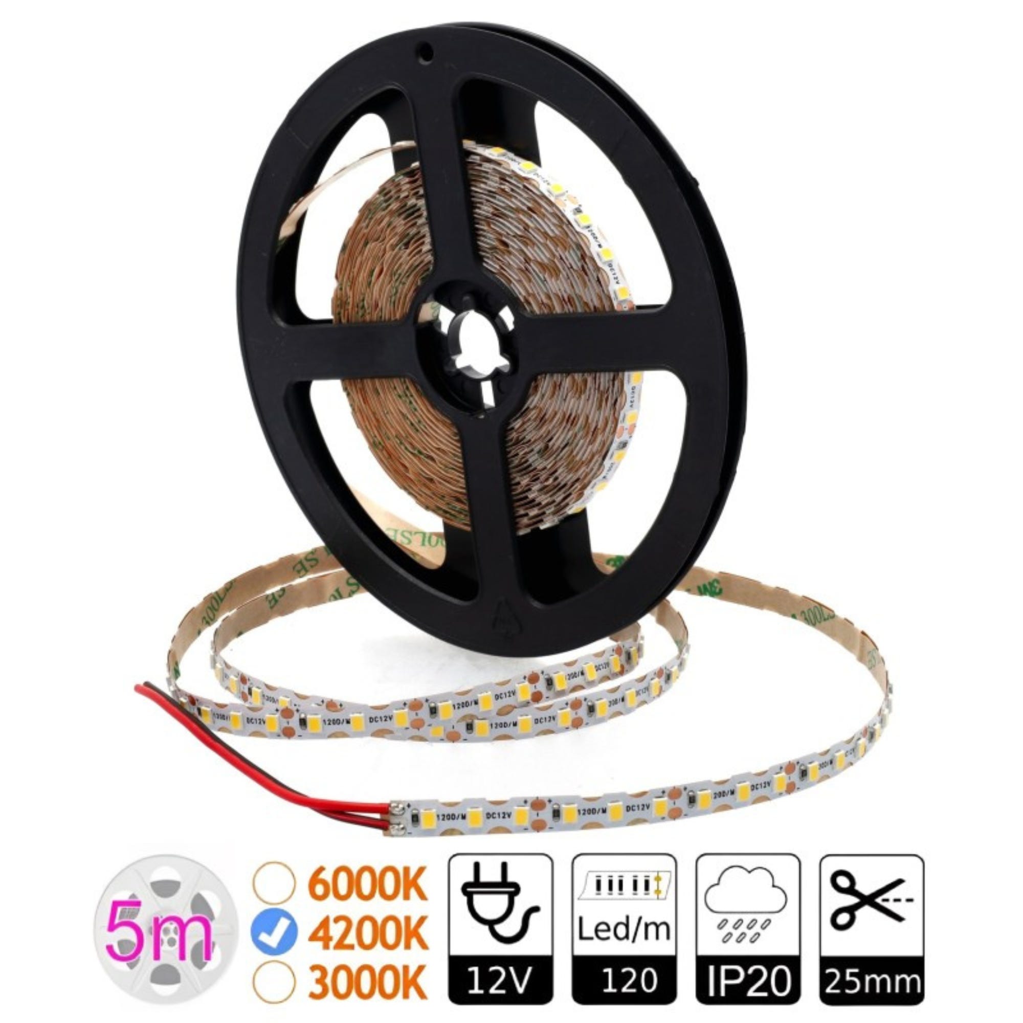 Ruban Led Bande Led 12V 4200K 120 Led/M 9,6W/M Coupe 25mm PCB 6mm 5 ...