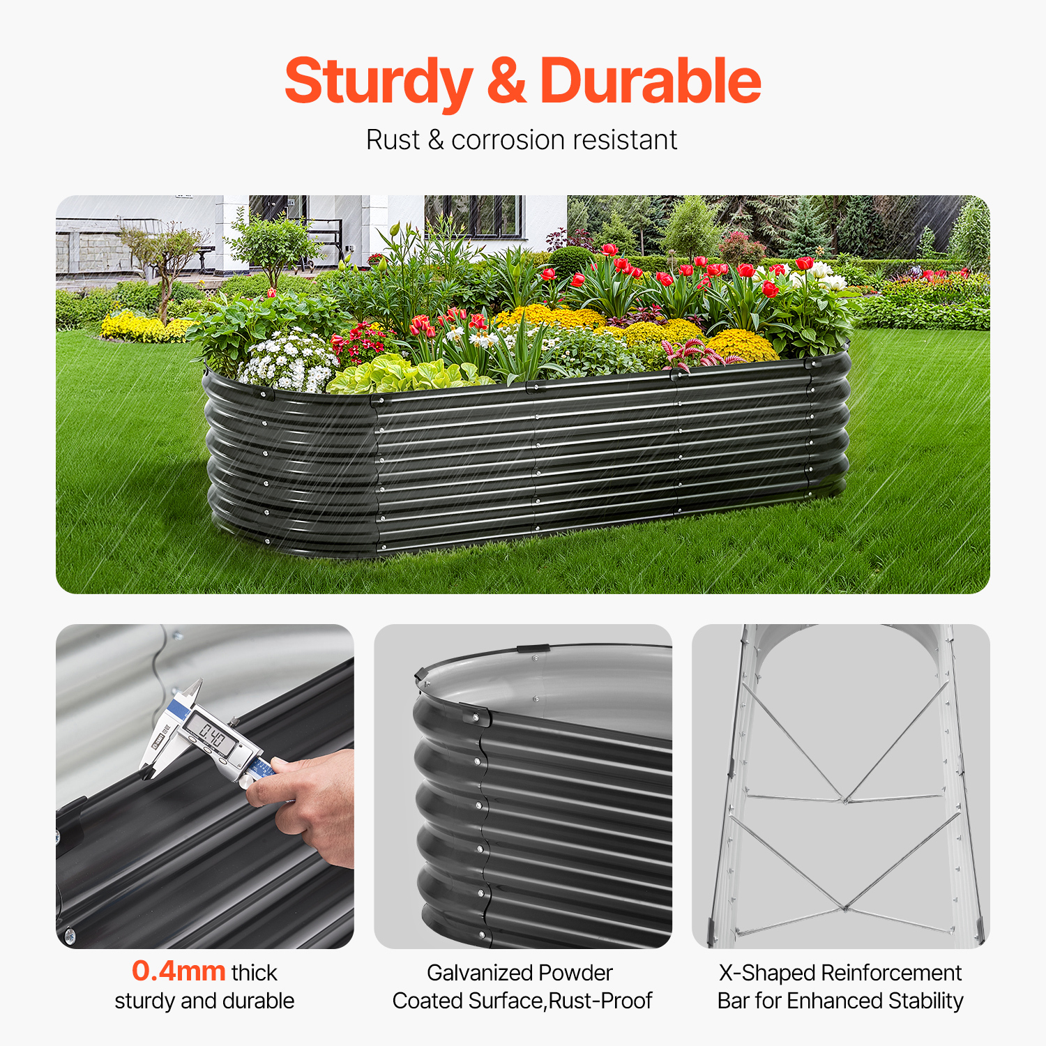 Jardinière surélevée en métal,SucceBuy 6,56 x 1,96 x 1,4 pi,jardinière d'extérieur galvanisée avec base ouverte,grand design ovale pour légumes - 4