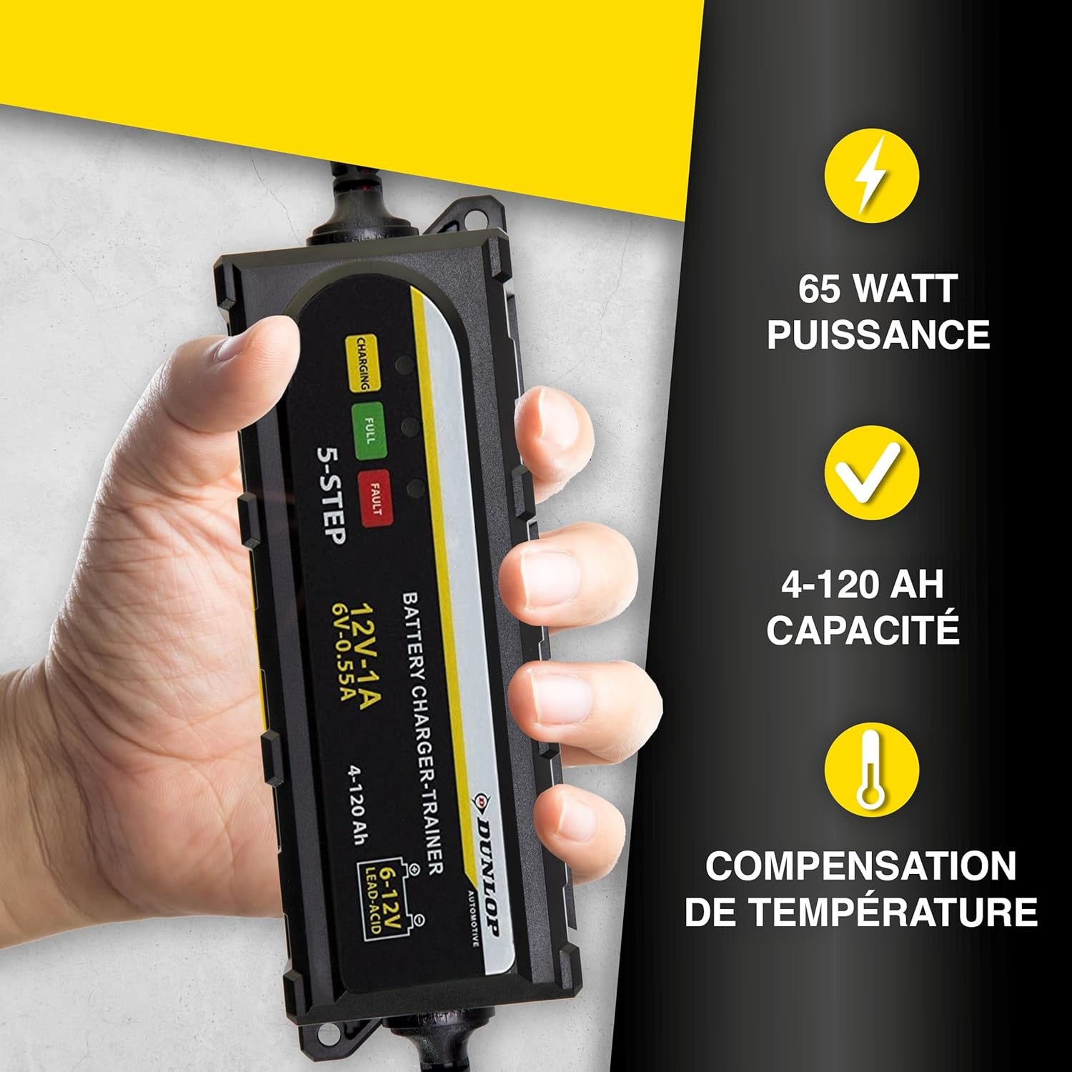 DUNLOP Chargeur Intelligent 1A 12V - Chargeur Batterie Voiture & Moto, Gel & Standard, Charge Auto 5 Étapes, Sécurisé & Facile - 2