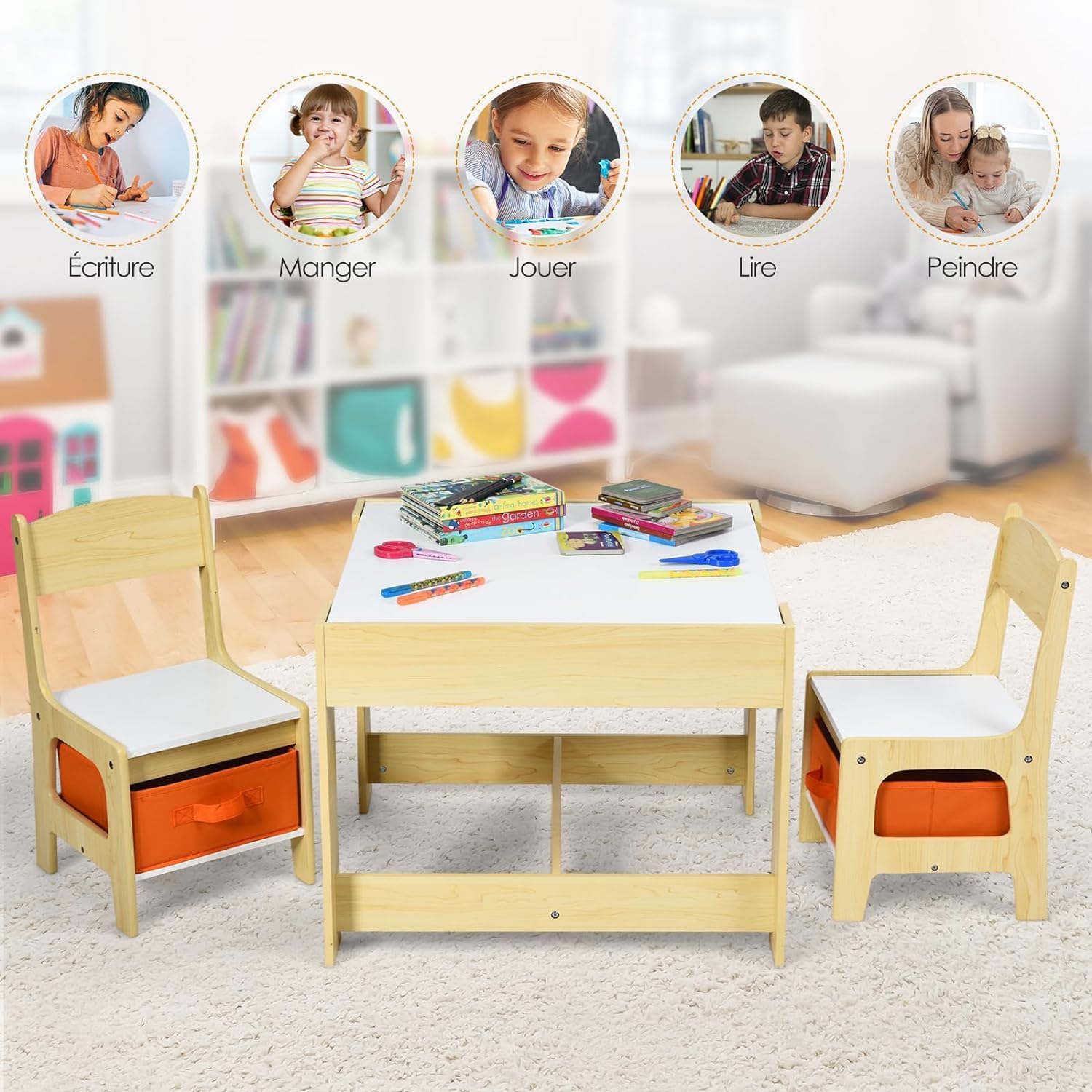 Ensemble Table et Chaises Enfant, Table Transformable 3-en-1 Multifonctionnel à Double Face, 2 Chaise avec Tiroir de Rangement, Naturel - 7