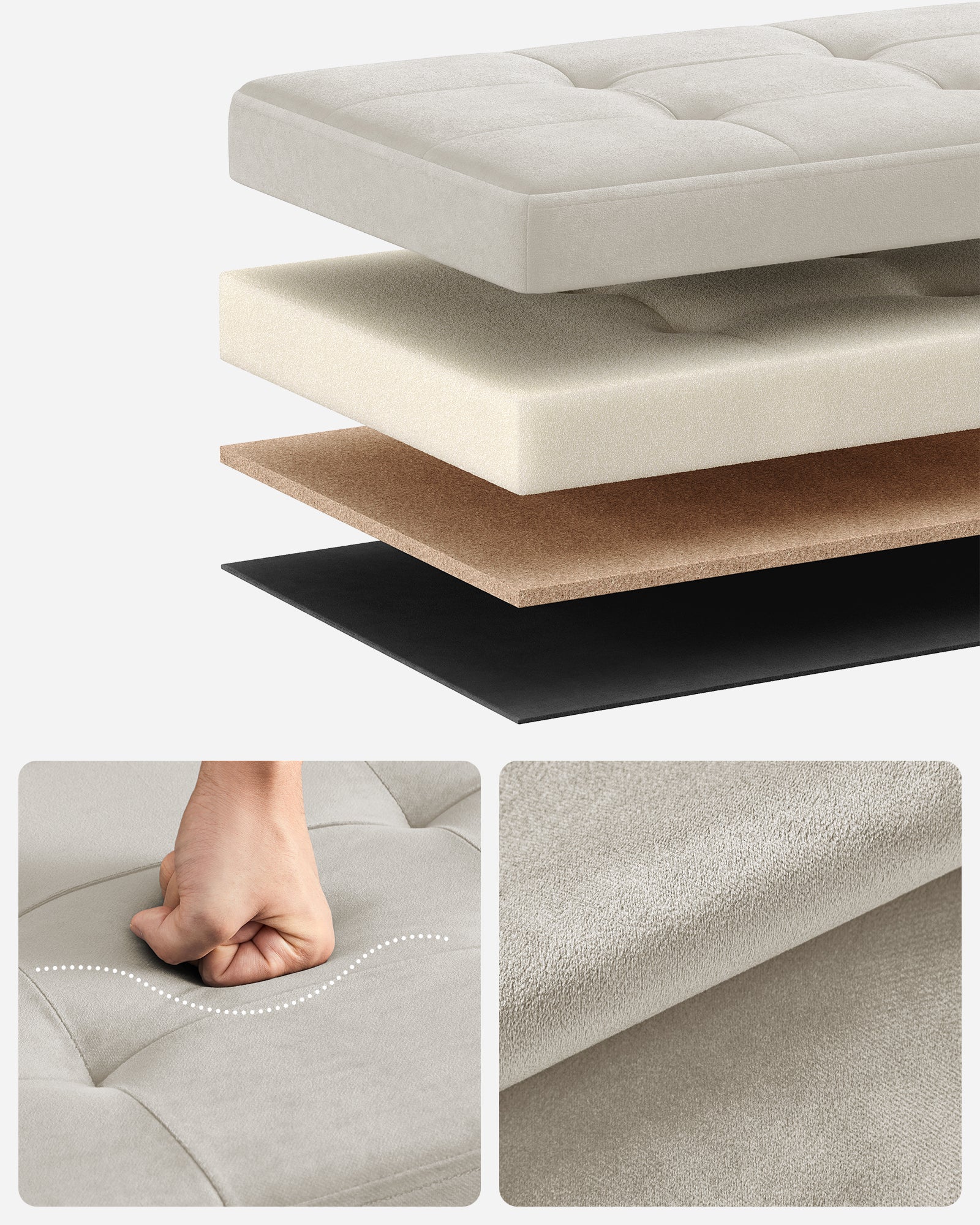Banc de Rangement, Pouf en Velours, avec Couvercle, avec 2 Boîtes, Séparateur Amovible, 38 x 110 x 38 cm, Capacité de Charge 300 kg, Blanc Crème - 3