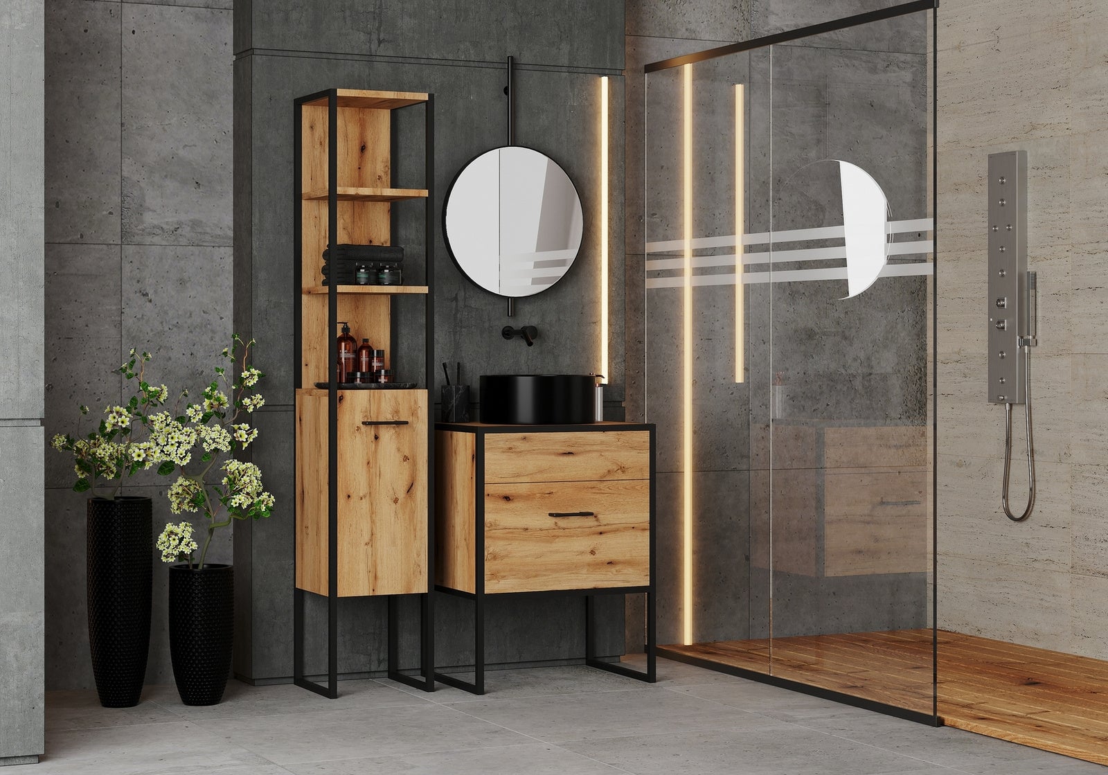 Szafka łazienkowa 60x45,5x80 cm dąb rzemieślniczy i czarna – Konstrukcja z litej stali, fronty laminowane i metalowe uchwyty