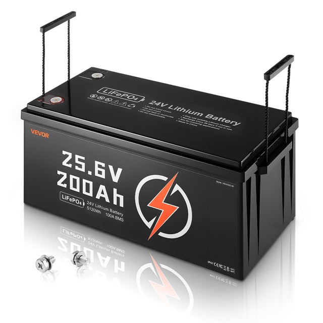 Batteria litio VEVOR 24V LiFePO4 200Ah con BMS 100A integrato, ciclo profondo ricaricabile, protezione dalle basse temperature, per camper e roulotte