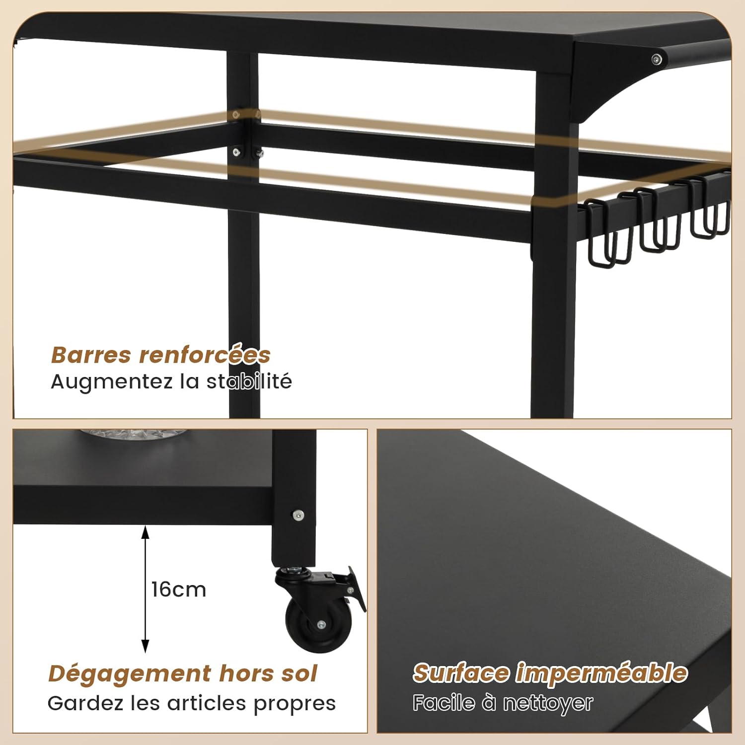 Desserte Jardin, Chariot de Barbecue avec 4 roulettes Verrouillables, Desserte Extérieur pour Barbecue, Plancha avec 4 Crochets et Étagère - 3