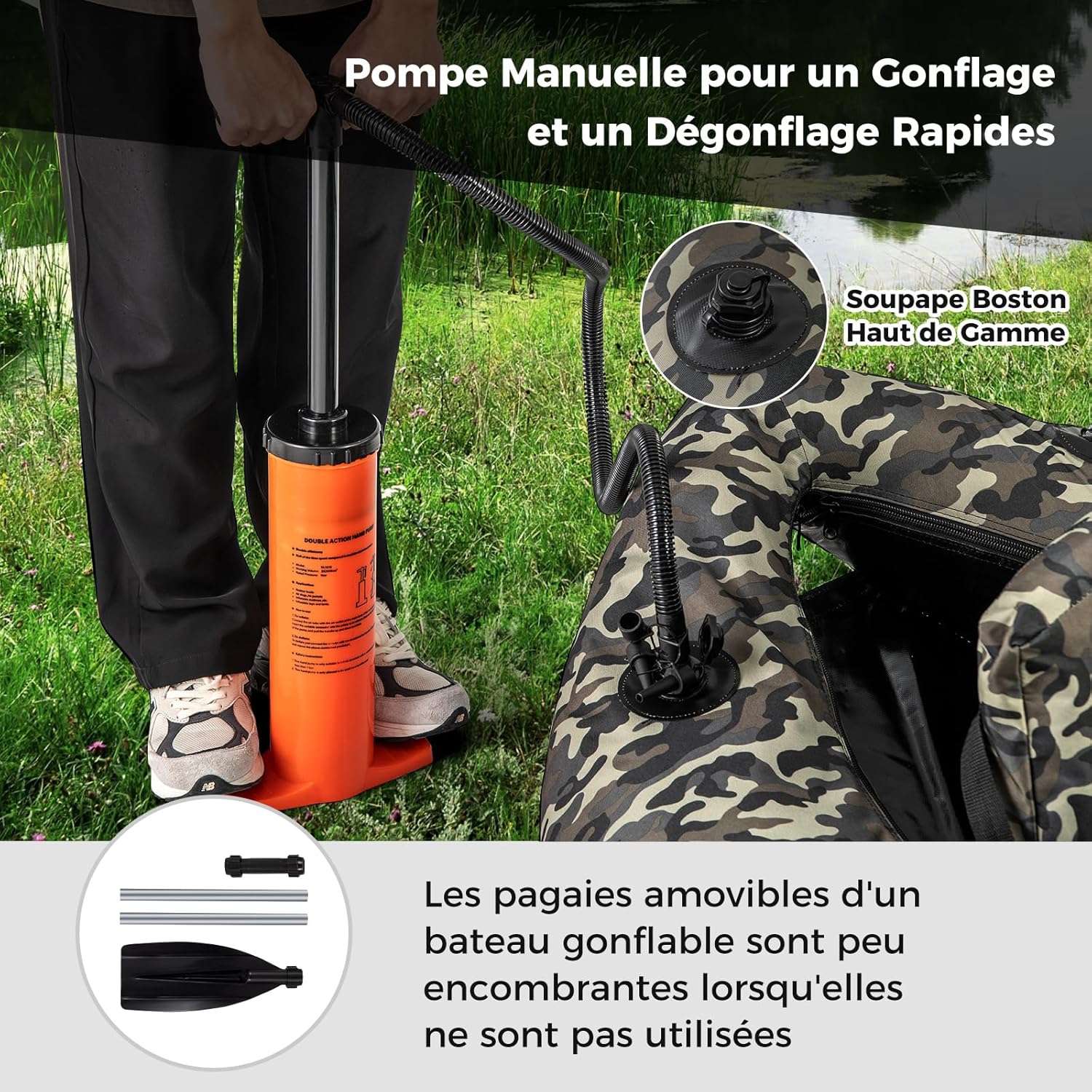 Barco de Pesca Inflável com Encosto e Pagaia, Barco Inflável com Régua para Peixes, Suporte para Cana, Bolsos de Armazenamento, Remos e Bomba. - 9