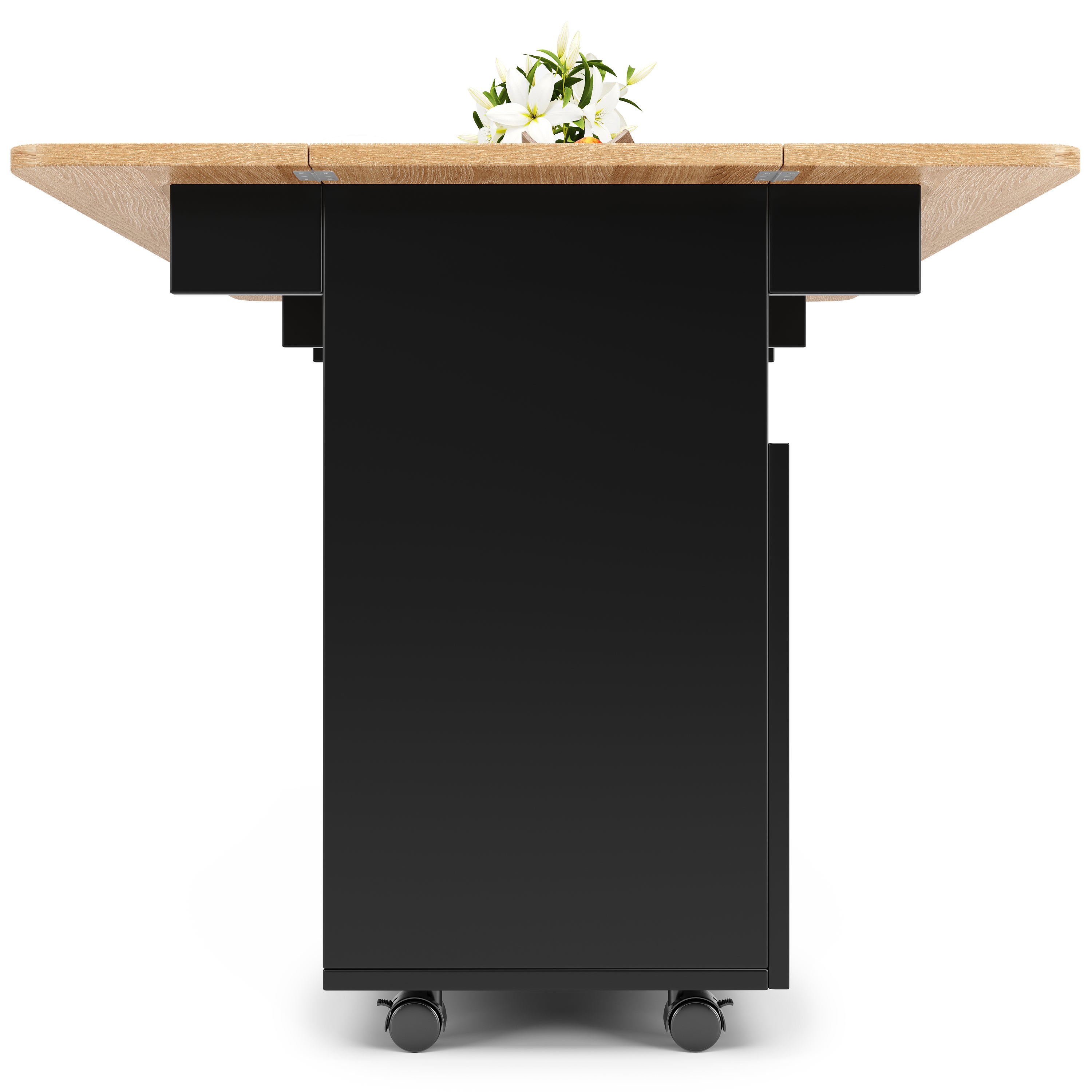 Ilot central de cuisine mobile avec 2 portes et étagères ouvertes - Plateau extensible - 120x30(70)x79.5cm - Bois MDF - Noir et naturel - 9