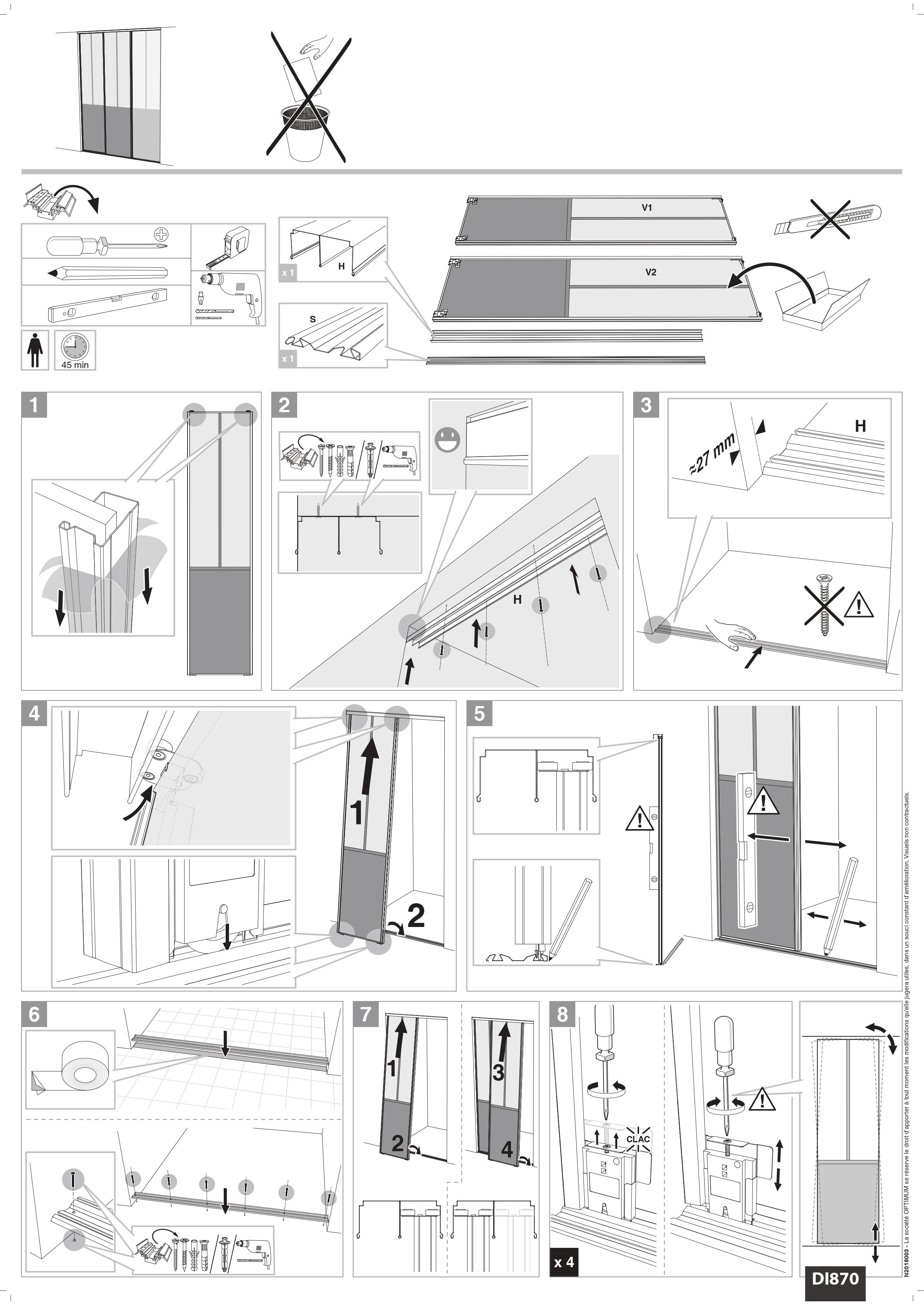Pack de 2 portes de placard coulissantes, décor atelier noir, verre dépoli blanc, rails noirs, H 2500 x Largeur totale 1200 mm - 6
