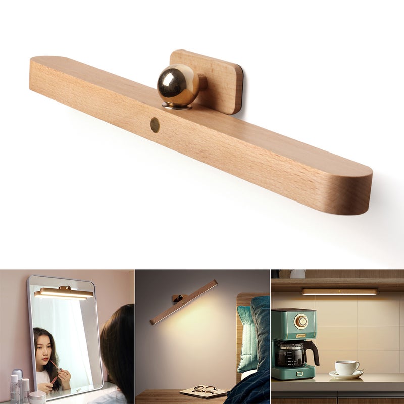 Drewniany kinkiet LED, obrotowy o 360° i magnetyczny, ładowana przez USB lampka nocna LED ze ściemniaczem do czytania i makijażu