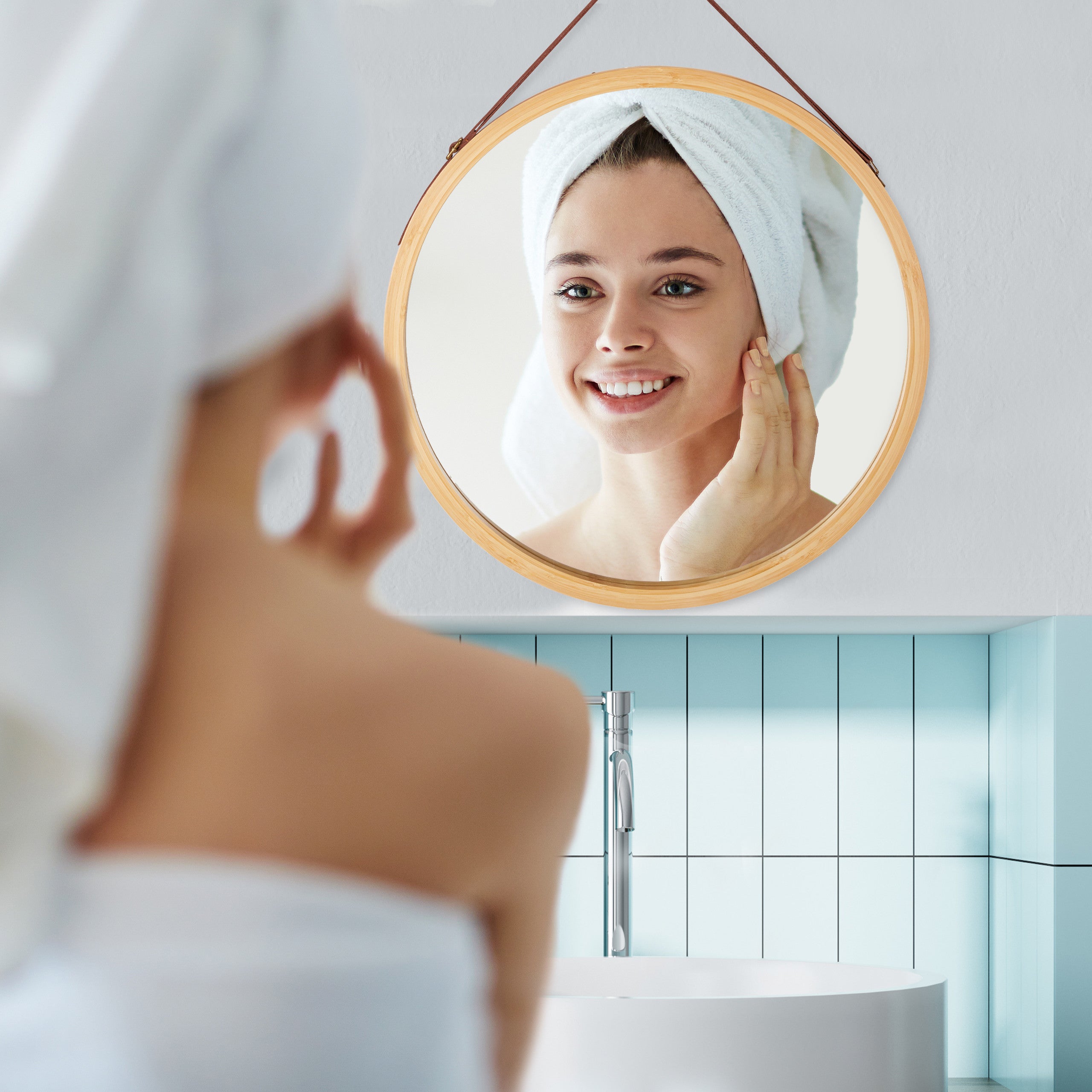 Miroir rond à accrocher, lanière réglable, En bambou, moderne, couloir, salle de bain, ∅: 45 x 60 cm, naturel, Relaxdays - 2