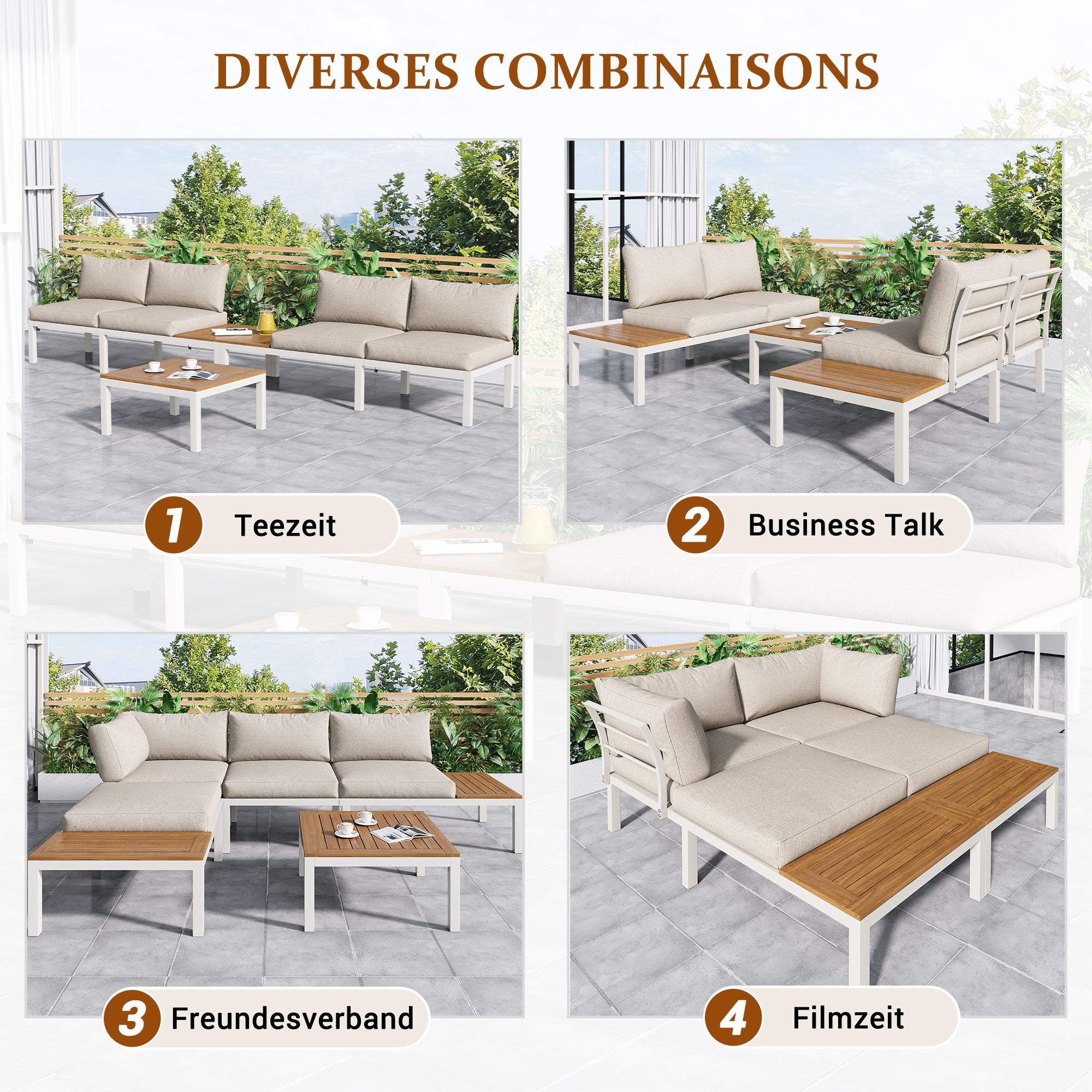 Muebles de jardín modulares en madera de acacia: 1 sofá de esquina + 2 mesas auxiliares + 1 mesa de centro - Beige + marrón - 6