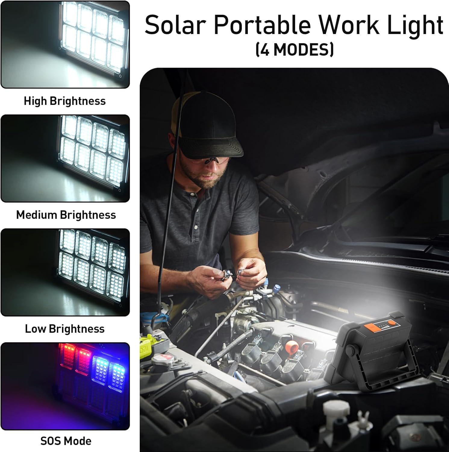 Holofote LED portátil recarregável, luz de trabalho à prova d'água, luz USB de 4 modos com painel solar para camping, garagem, emergência, ofici - 2