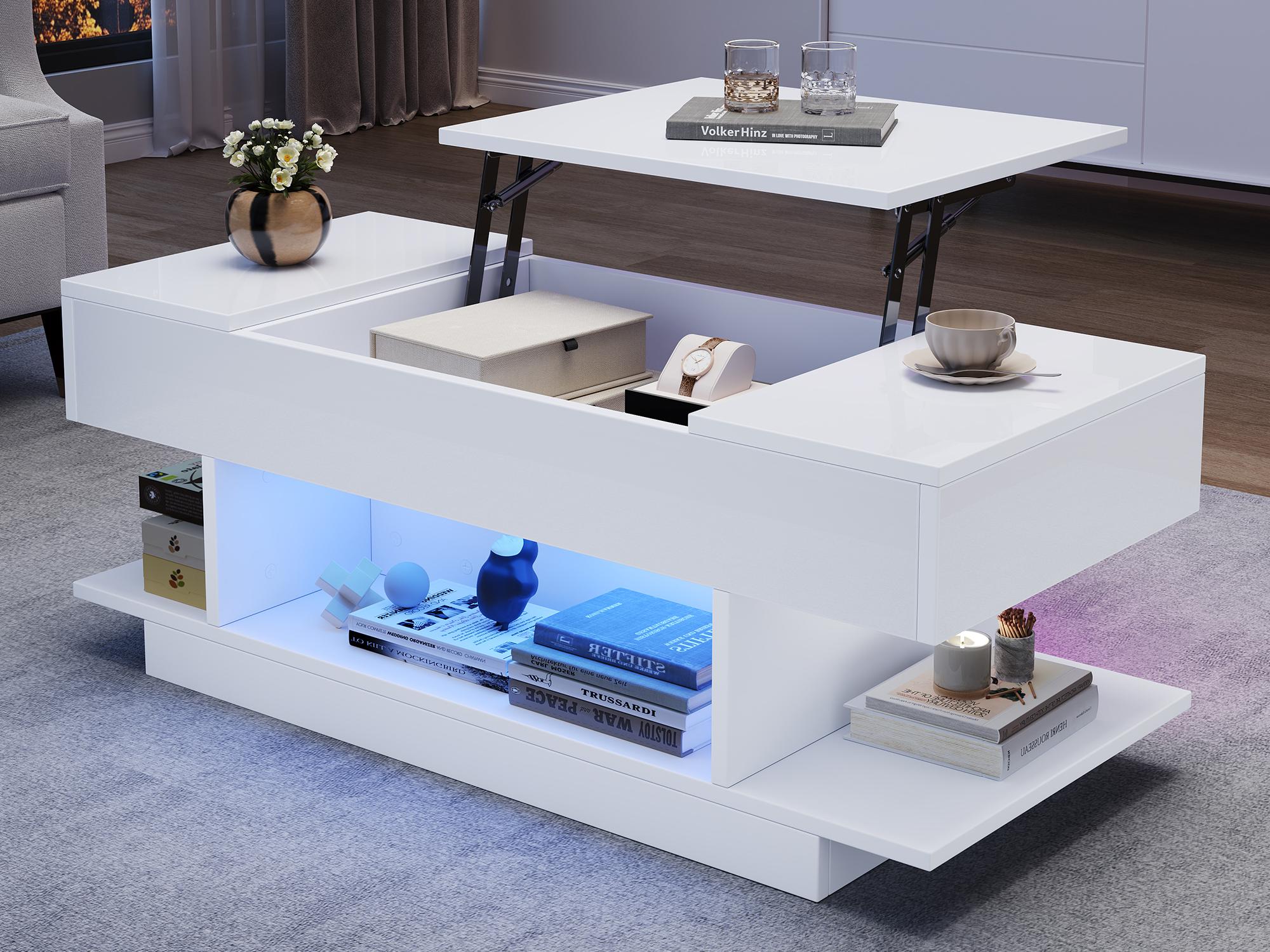 Stolik kawowy z podnoszonym blatem 98 x 45 x 40 cm - z oświetleniem LED - 2 składane półki - Wykończenie na wysoki połysk - Biały