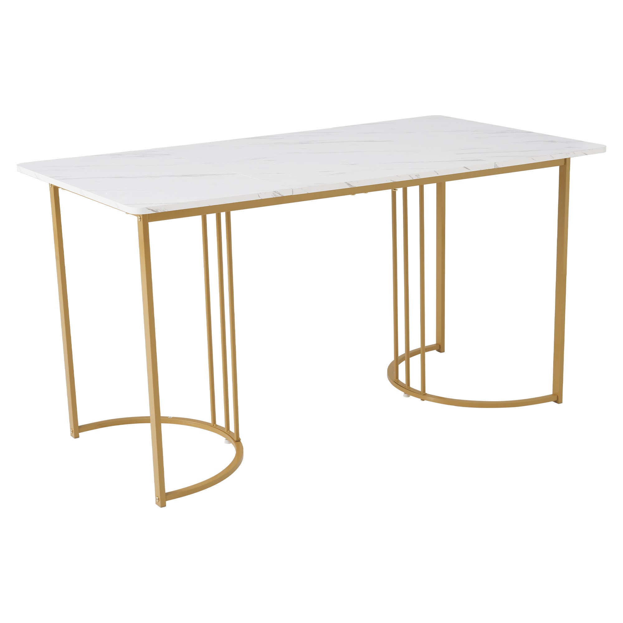 Mesa de comedor 140x80x75 cm, metal, rectangular, mármol moderno, patas ajustables, blanco/dorado - 7