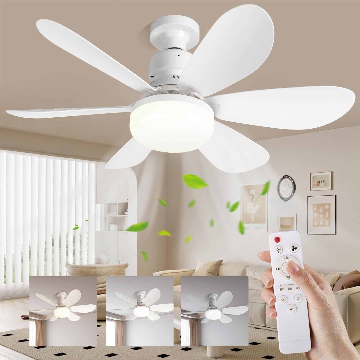 Ventilador De Techo Con Luz Silencioso Ventilador De Techo Con Luz LED - 3 Velocidades Y 3 Temperaturas De Color - Control Remoto - Blanco - Para Dormitorio O Sala Instalación Fácil E27