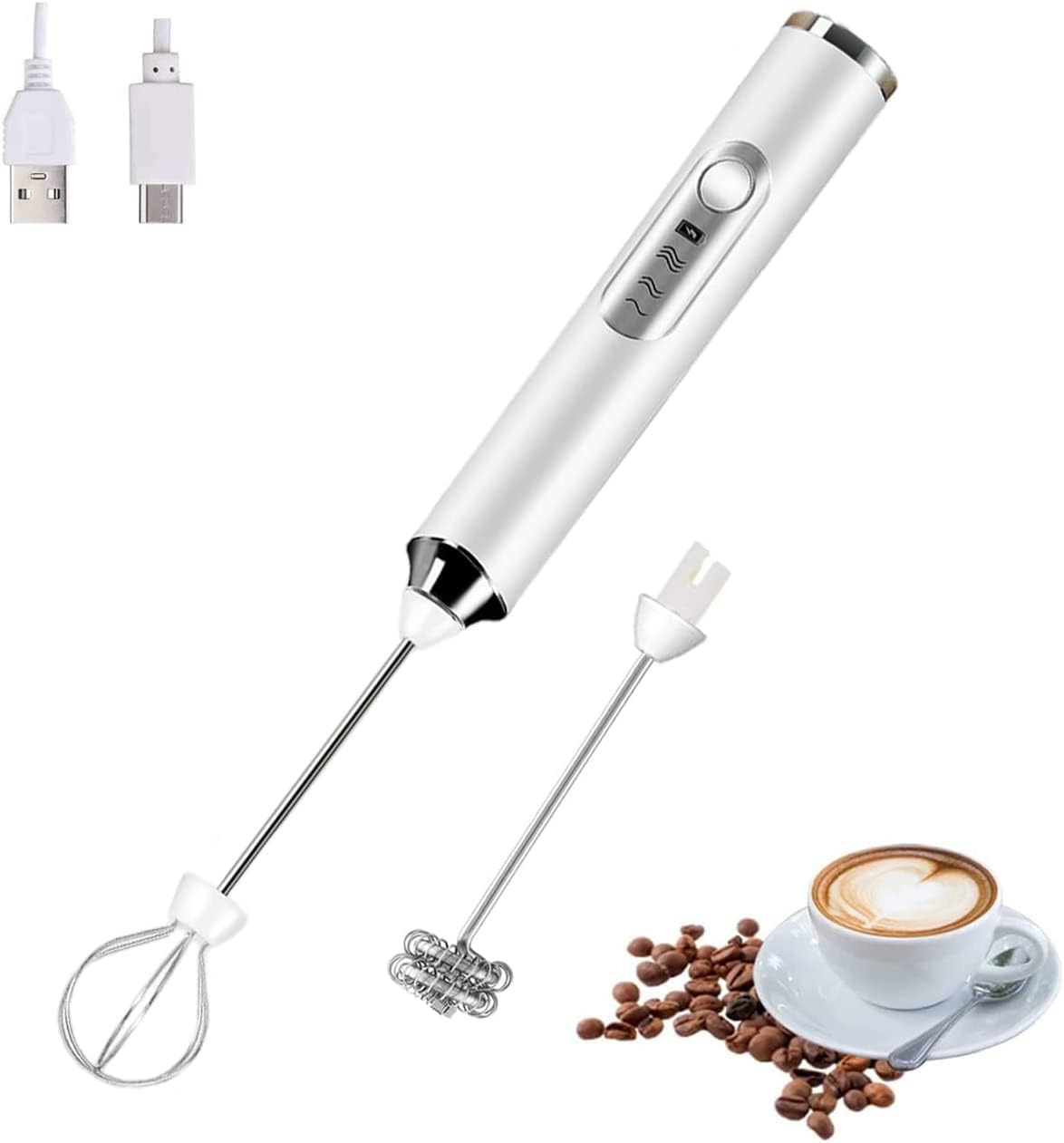 Przenośny elektryczny spieniacz do mleka z 2 głowicami, trzepaczka do piany z 3 prędkościami ładowana przez USB, mikser do latte, cappuccino