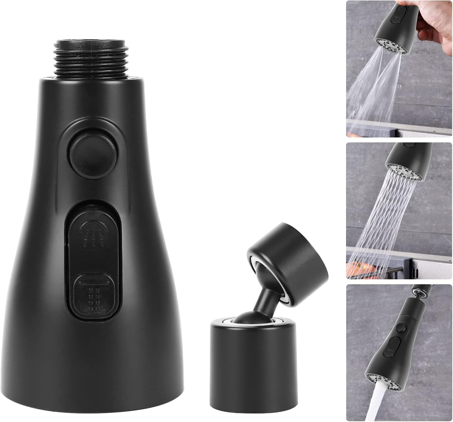 (Czarny) Wylewka do baterii kuchennej, obrotowy przedłużacz kranu 360°, perlator do baterii prysznicowej z 3 trybami, wylewka, regulacja wyciągania