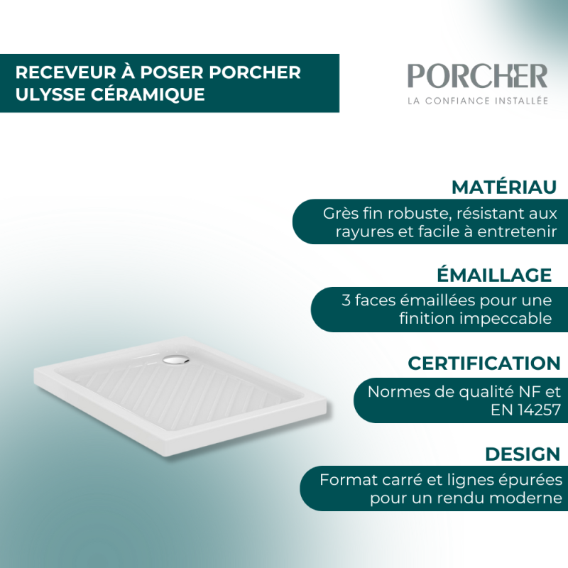 Receveur à poser PORCHER Ulysse céramique 90 x 90 - 3