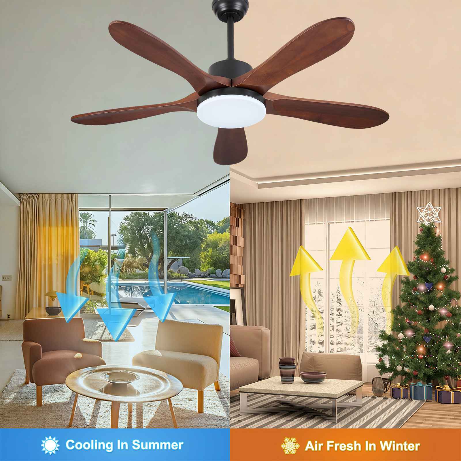 Ventilateur de plafond LED intelligent 52 pouces effet bois avec 6 vitesses, contrôle APP et télécommande, variateur LED 110-240V - 6